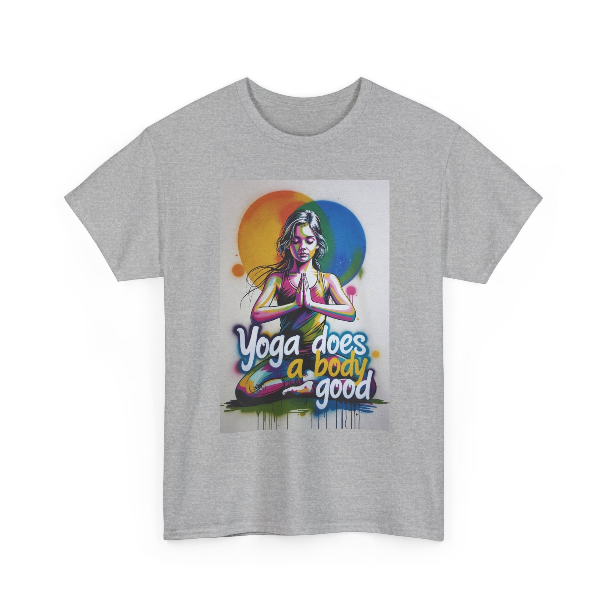 Yoga Does a Body Good T-Shirt | Meditating Woman Rainbow Sun Graphic