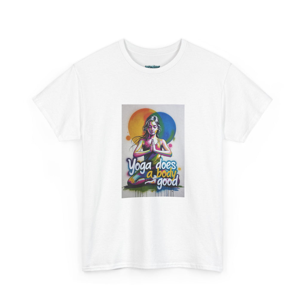 Yoga Does a Body Good T-Shirt | Meditating Woman Rainbow Sun Graphic