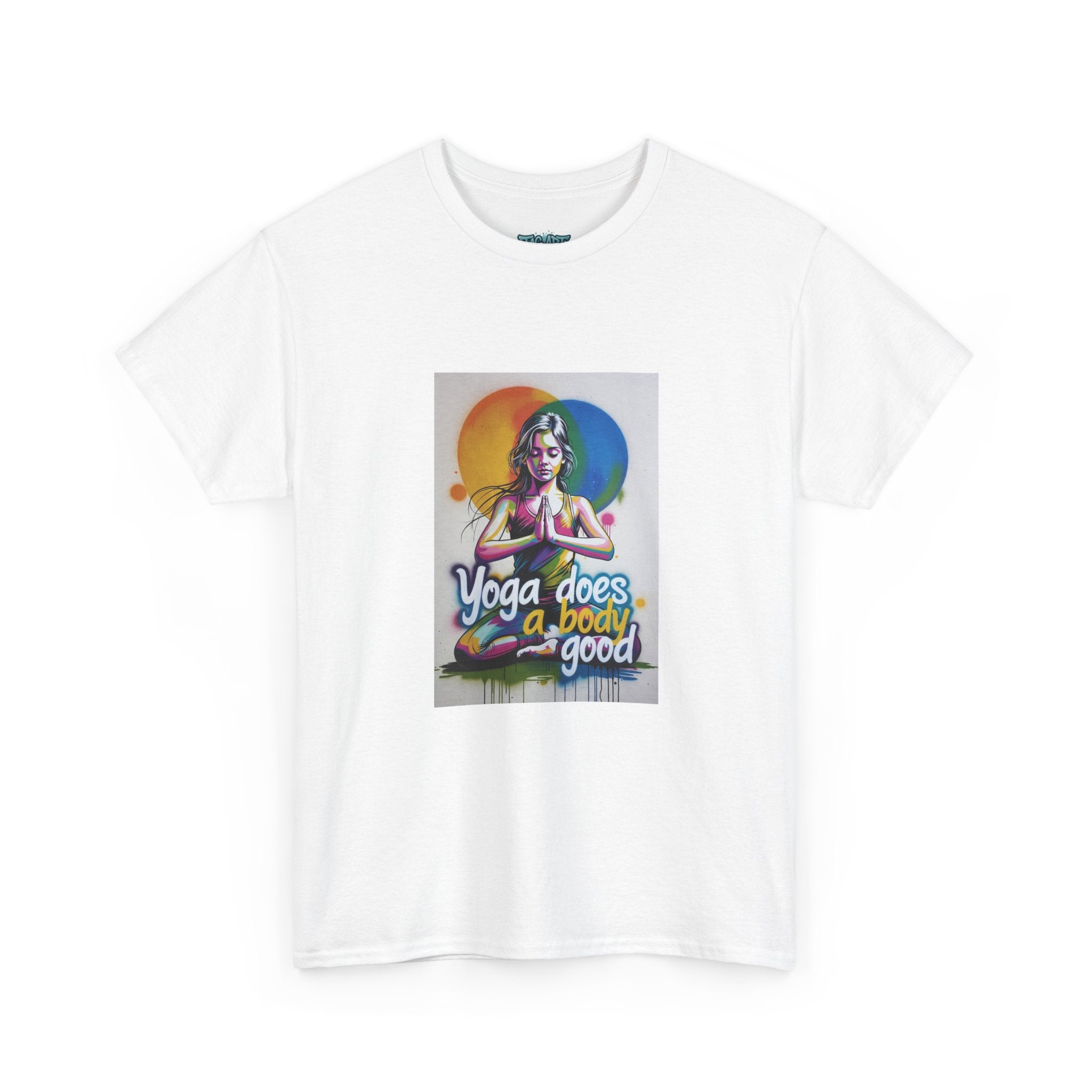 Yoga Does a Body Good T-Shirt | Meditating Woman Rainbow Sun Graphic