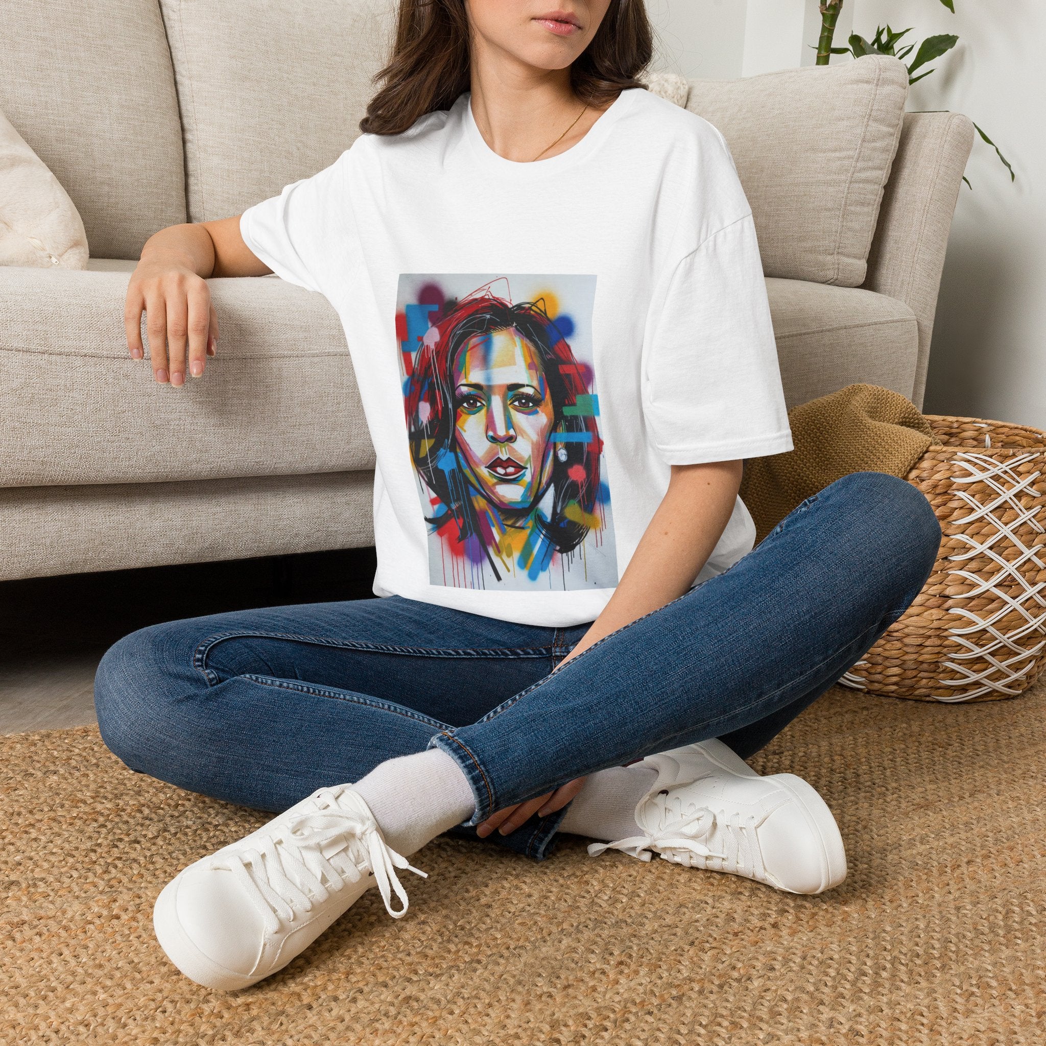 Abstract Artsy Kamala Portrait T-Shirt — Colorful Spray Paint Face Art Tee