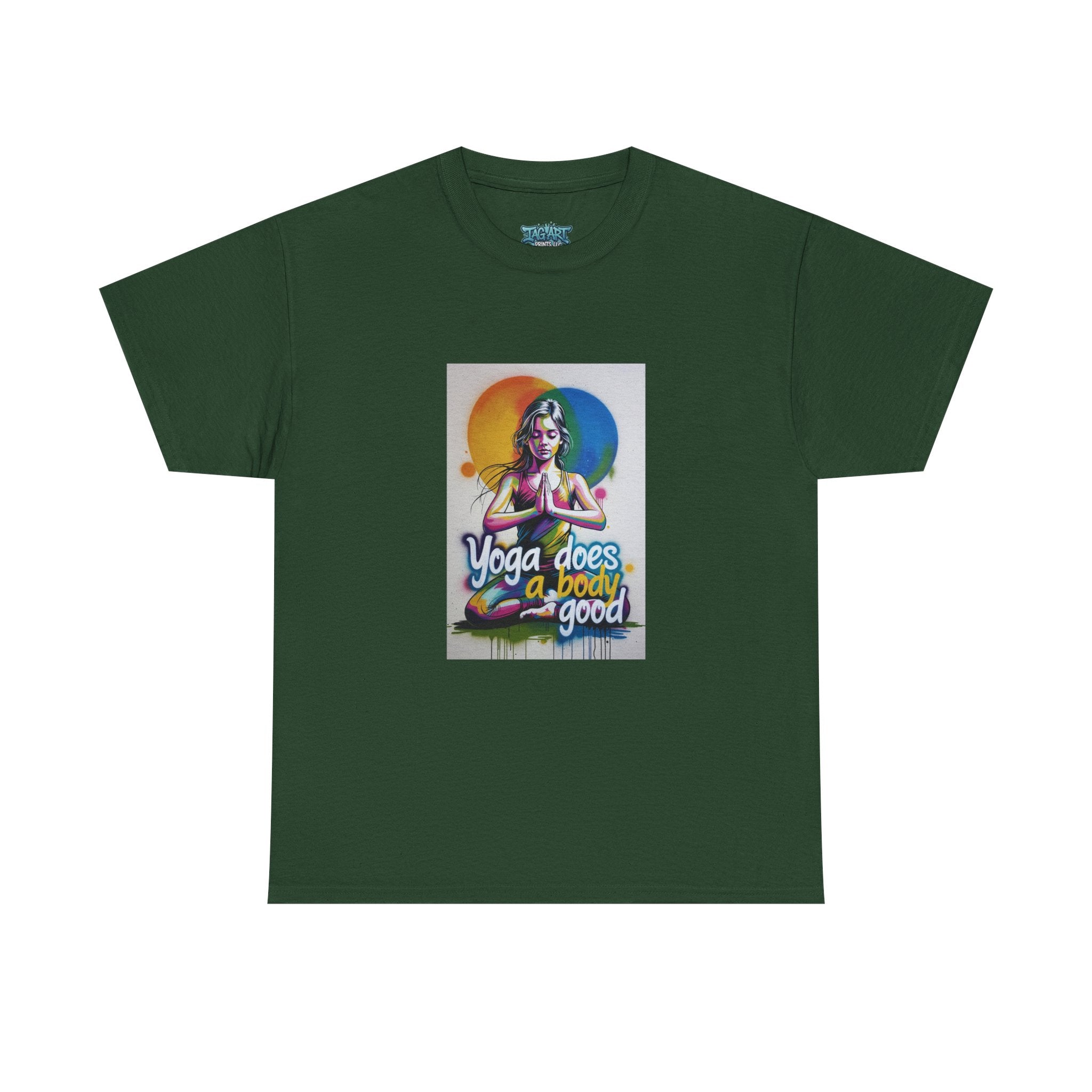 Yoga Does a Body Good T-Shirt | Meditating Woman Rainbow Sun Graphic
