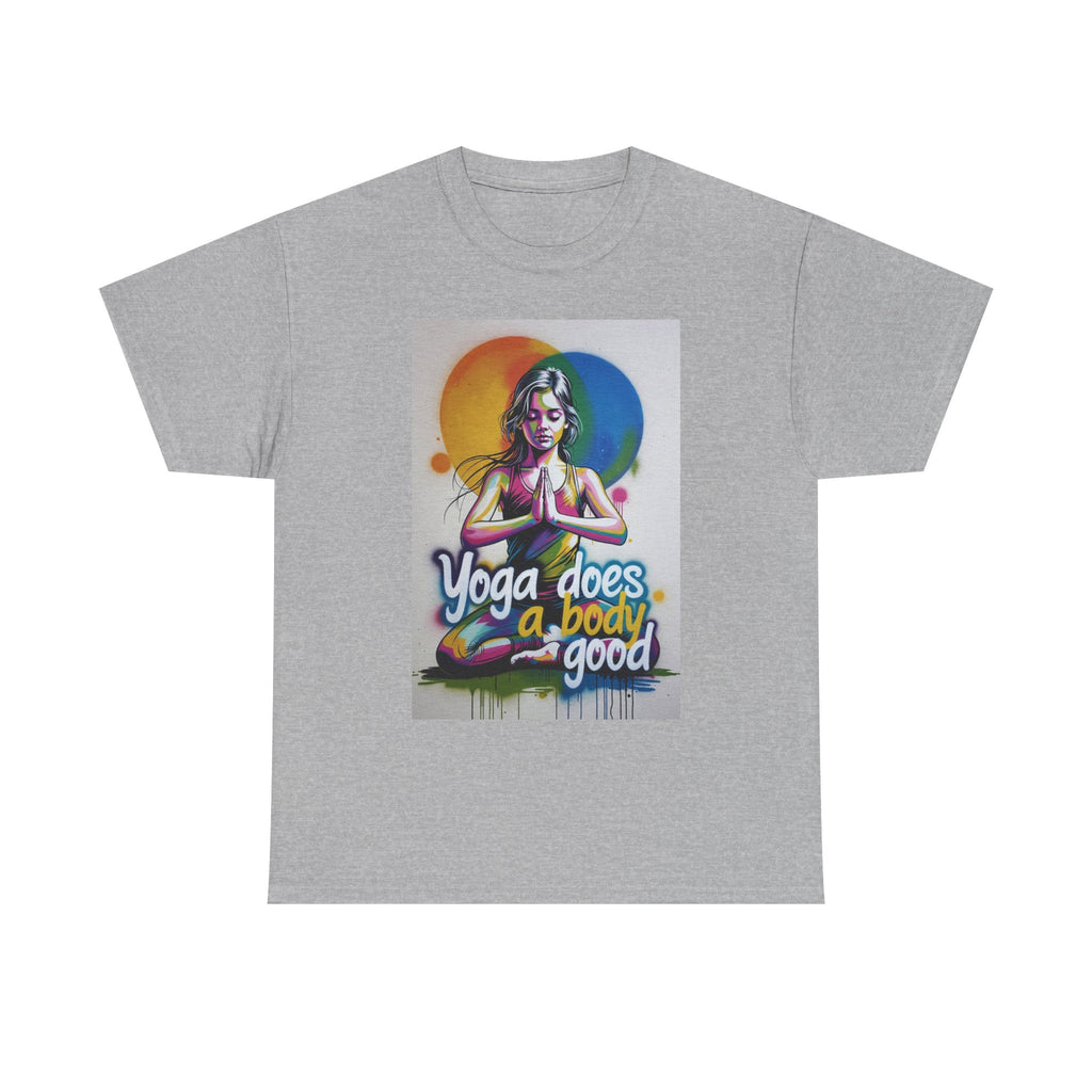 Yoga Does a Body Good T-Shirt | Meditating Woman Rainbow Sun Graphic