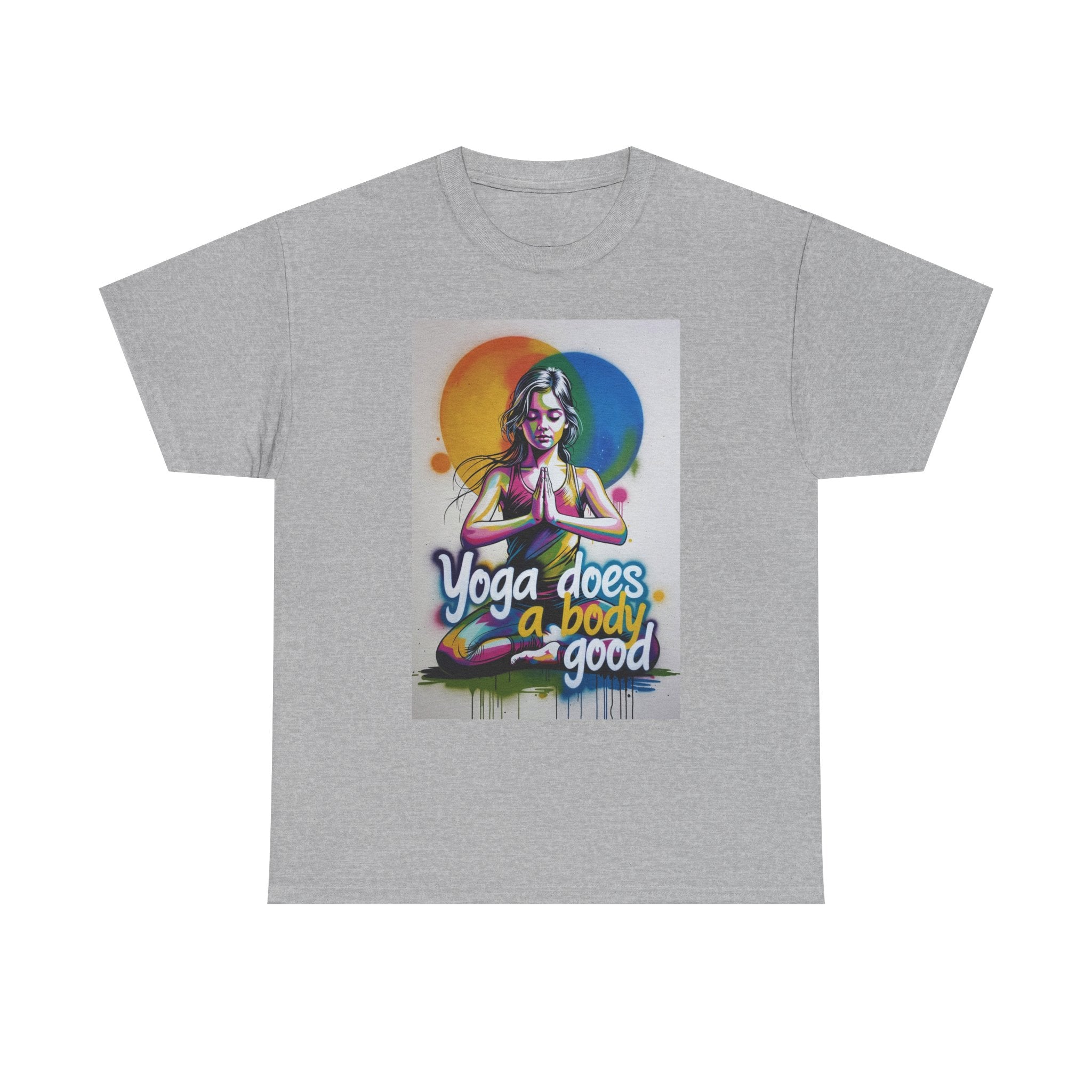 Yoga Does a Body Good T-Shirt | Meditating Woman Rainbow Sun Graphic