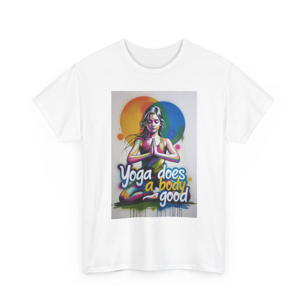 Yoga Does a Body Good T-Shirt | Meditating Woman Rainbow Sun Graphic