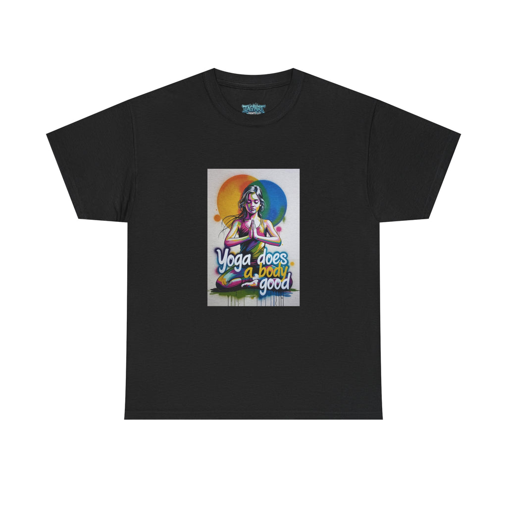 Yoga Does a Body Good T-Shirt | Meditating Woman Rainbow Sun Graphic