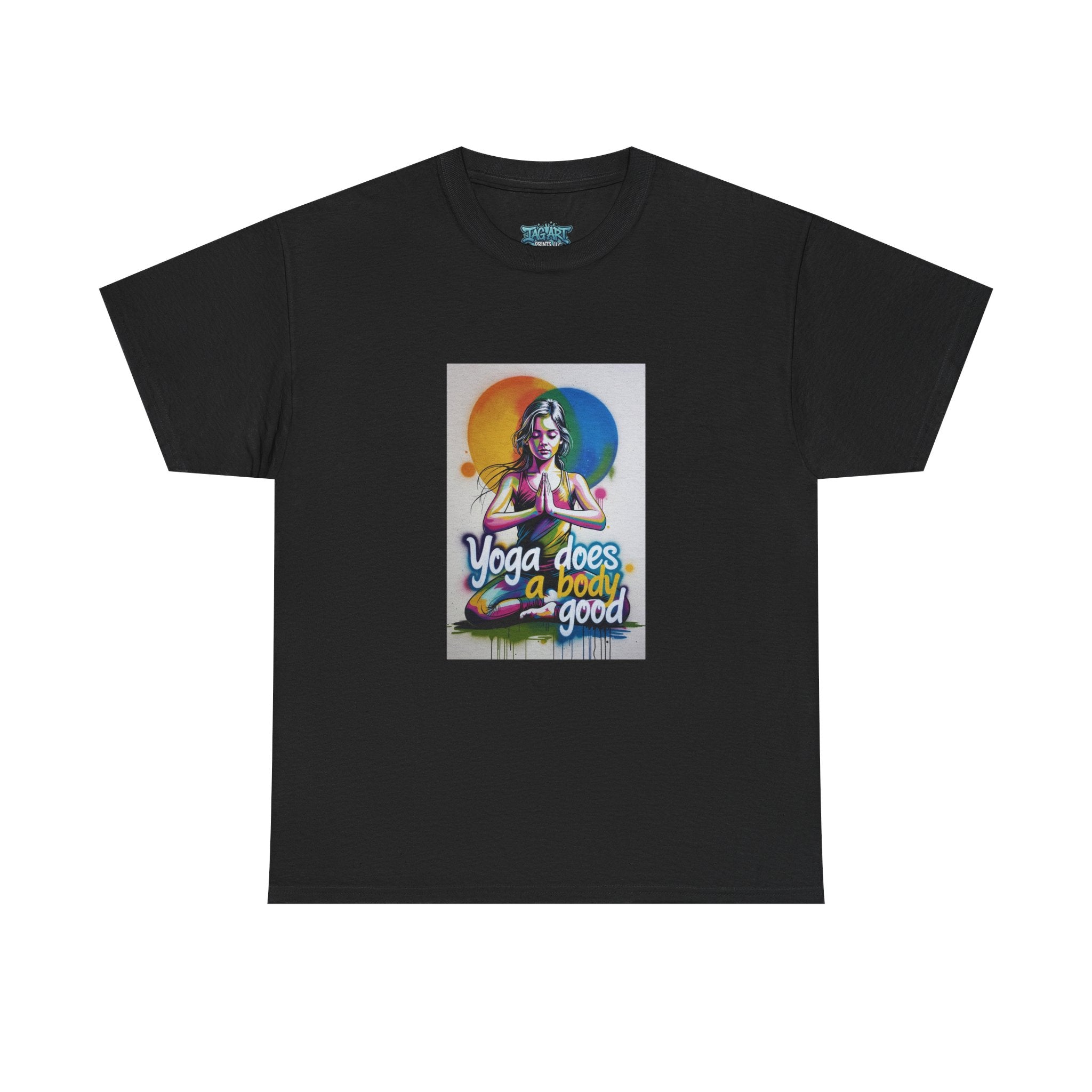 Yoga Does a Body Good T-Shirt | Meditating Woman Rainbow Sun Graphic