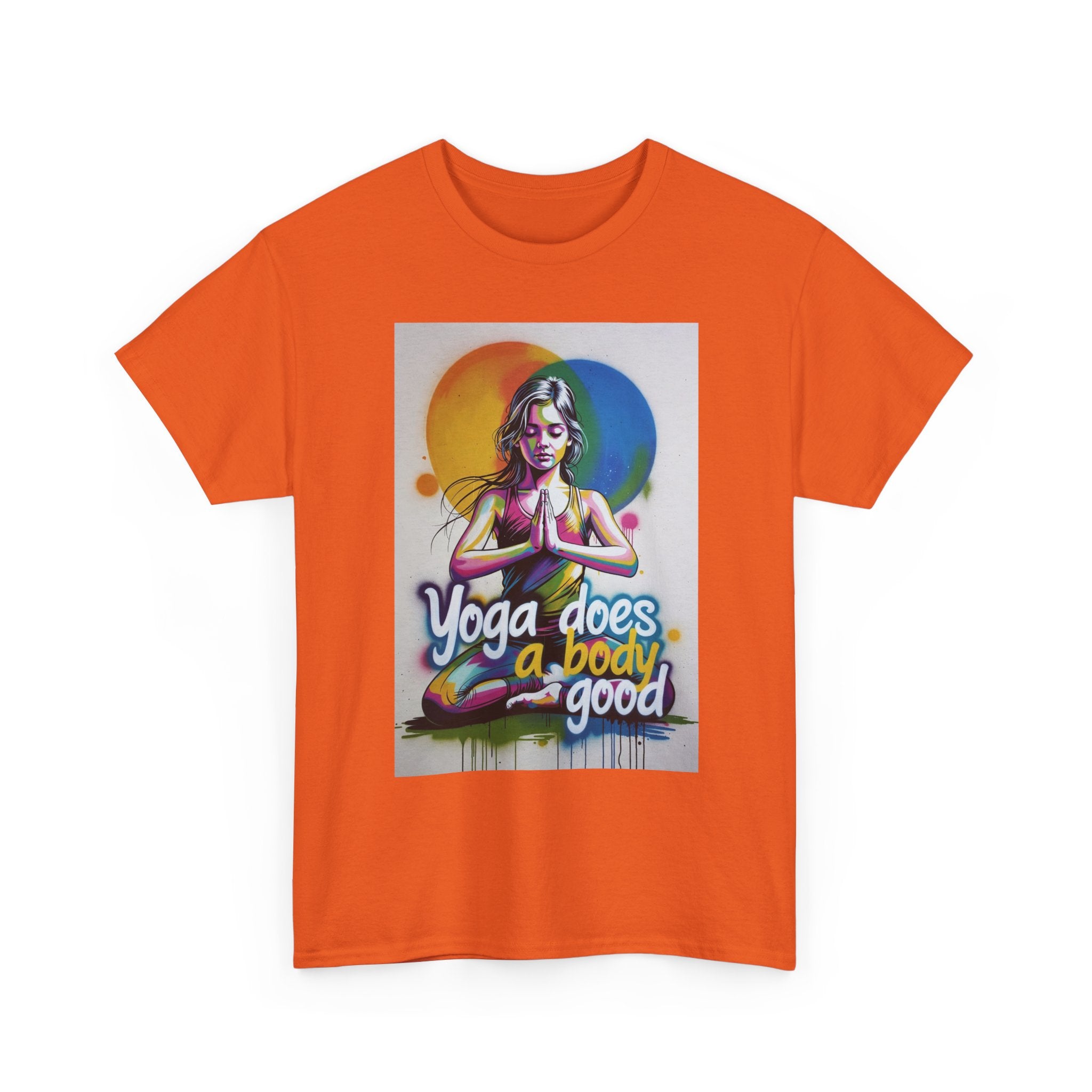 Yoga Does a Body Good T-Shirt | Meditating Woman Rainbow Sun Graphic
