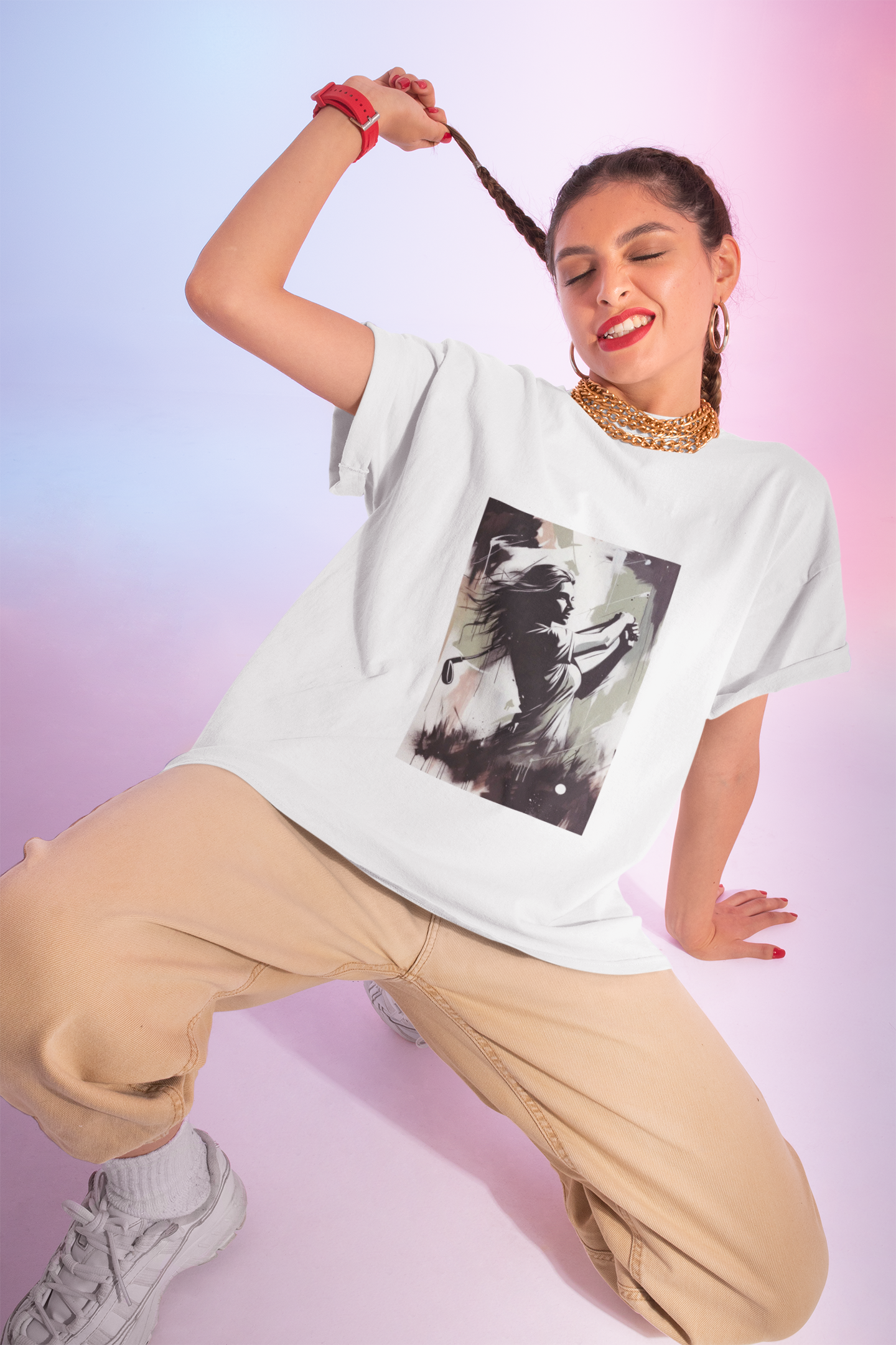 Female Golfer Swinging Golf Club T-Shirt | Golf Art Tee