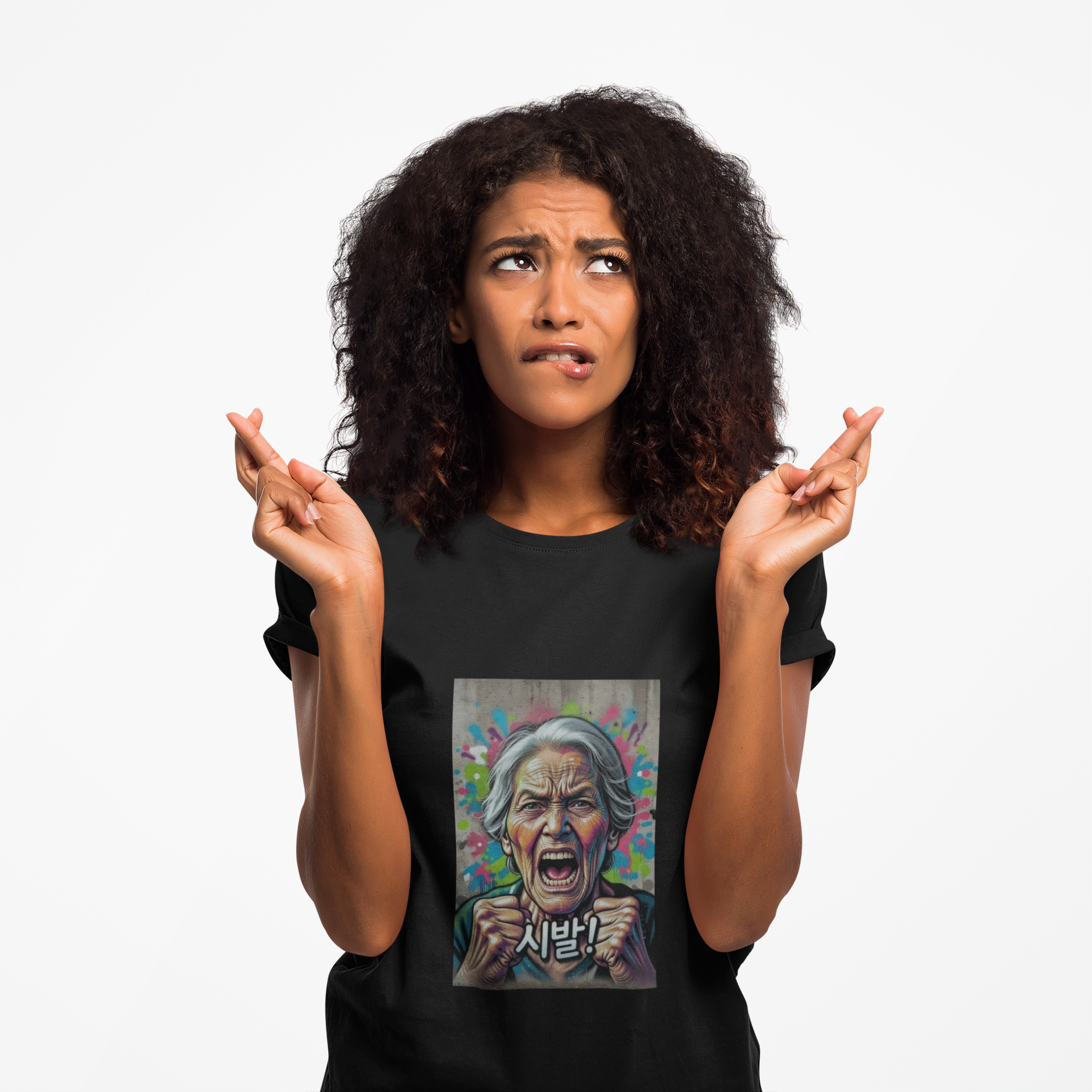 Korean Grandma Swearing T-Shirt | Angry Elder Portrait, Bold Street Art