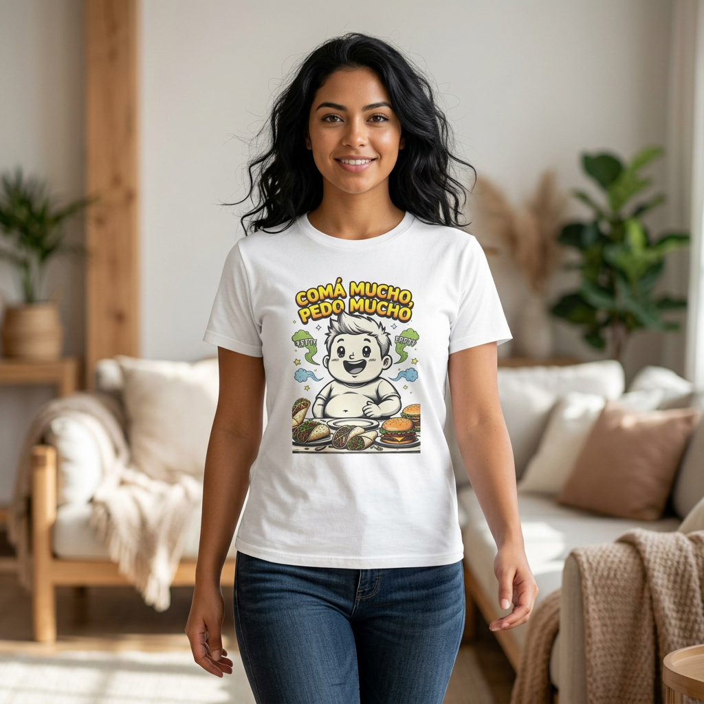 T-Shirt — "Coma Mucho Pedo Mucho" Funny Eating Cartoon Tee