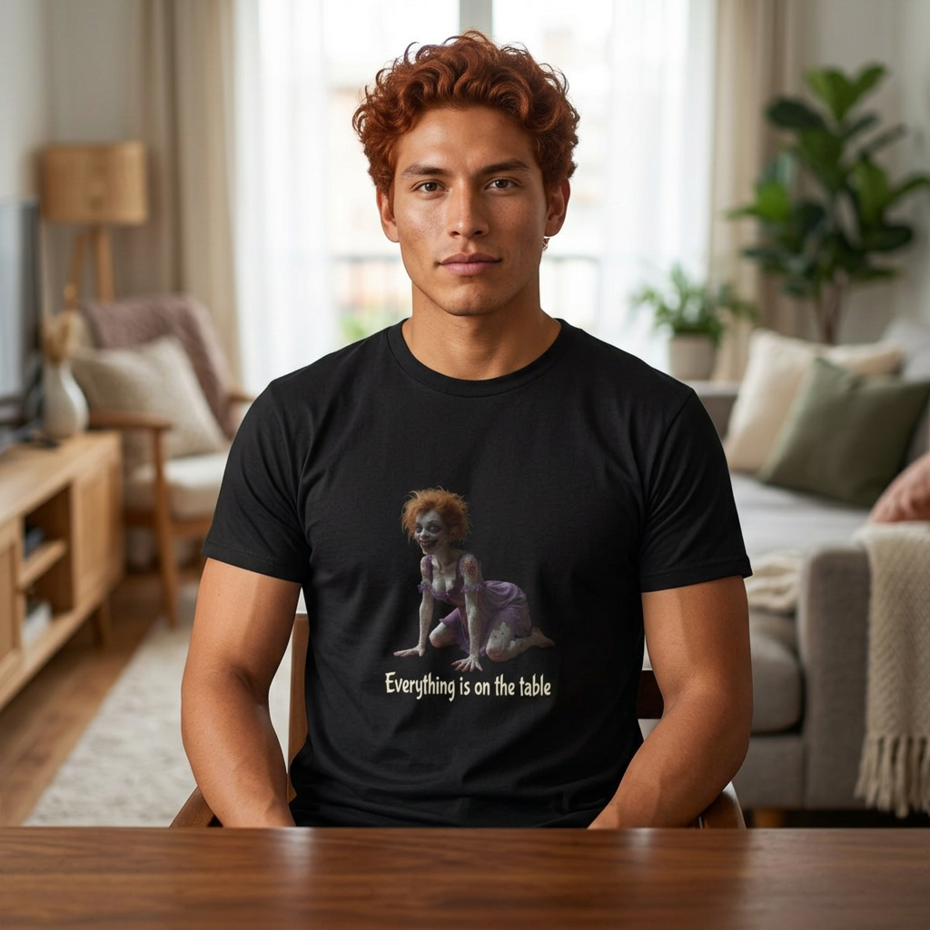 T-Shirt — 'Everything is on the table' Creepy Doll Art Tee