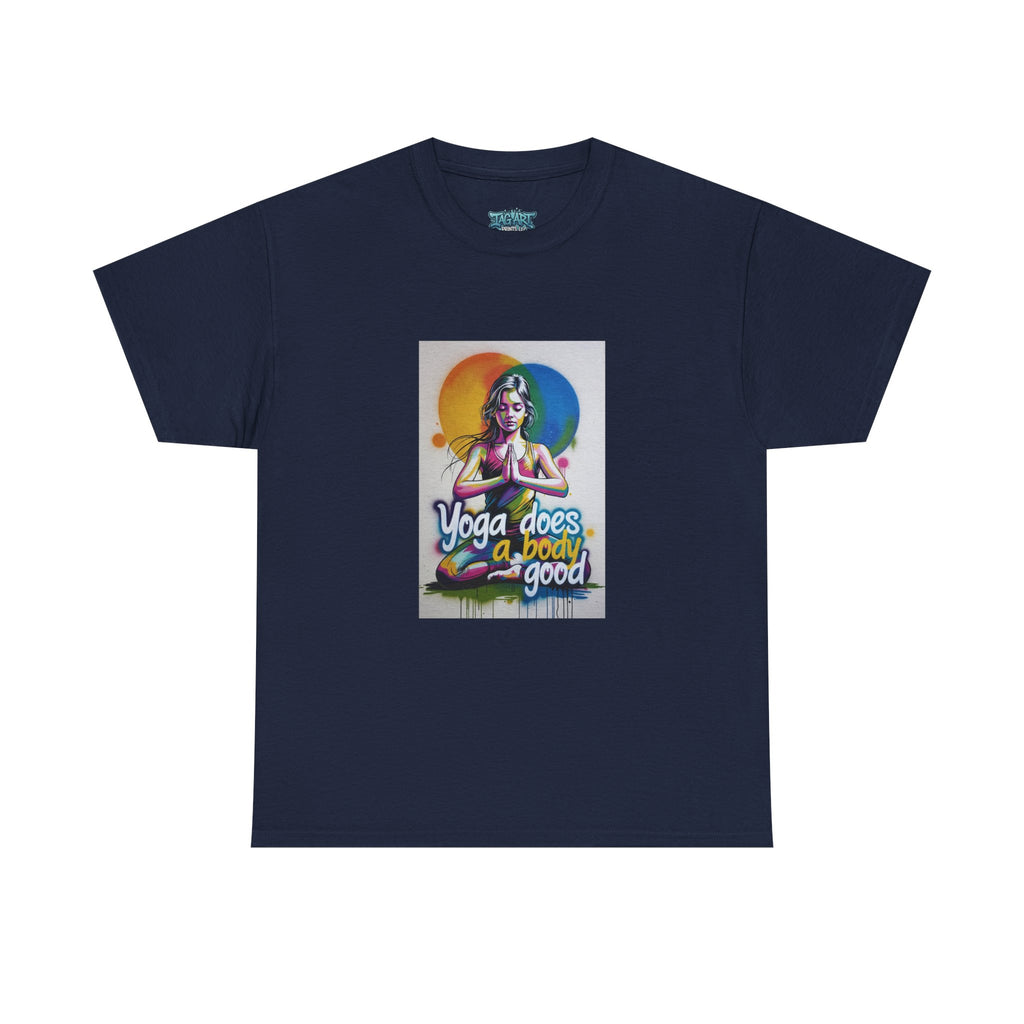 Yoga Does a Body Good T-Shirt | Meditating Woman Rainbow Sun Graphic