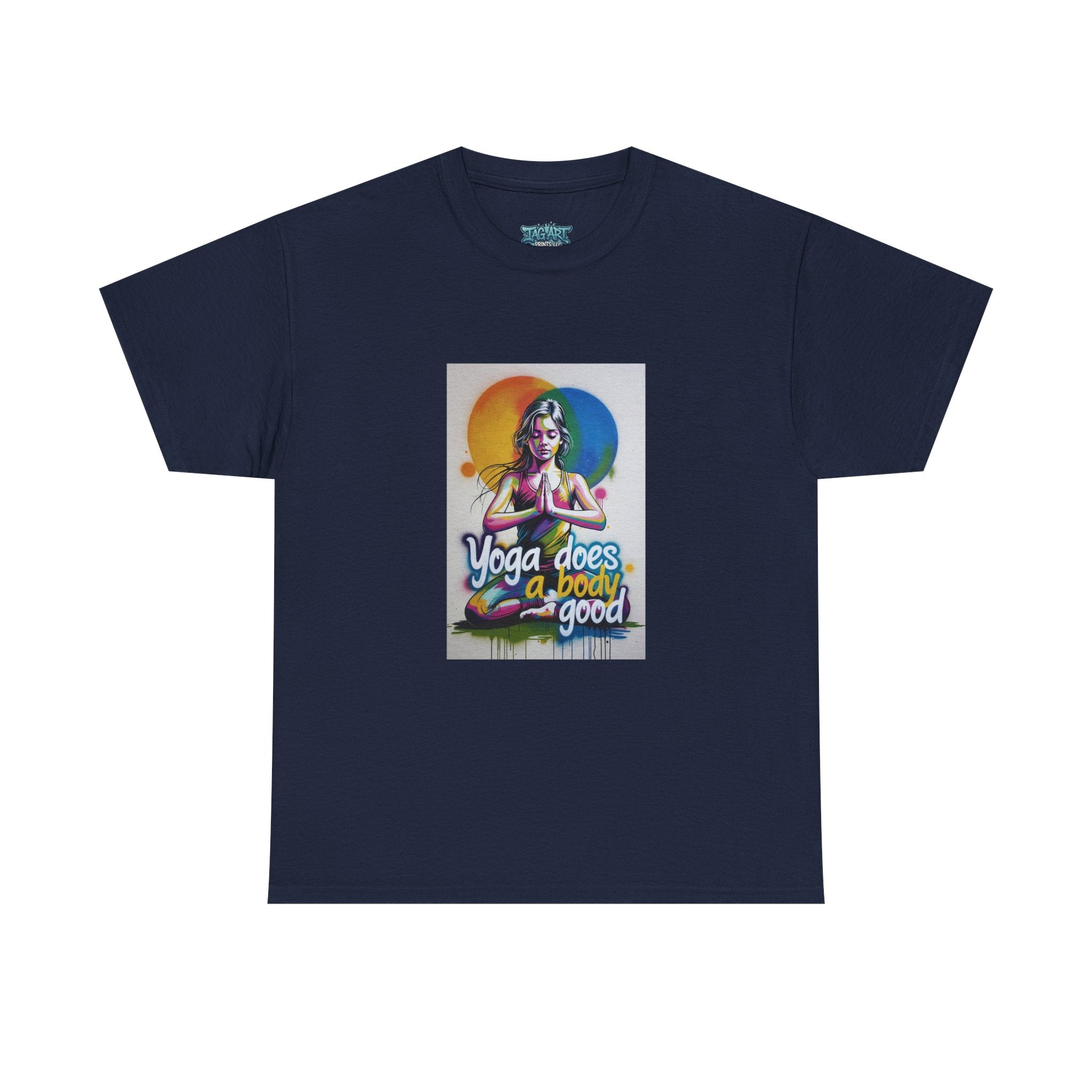Yoga Does a Body Good T-Shirt | Meditating Woman Rainbow Sun Graphic
