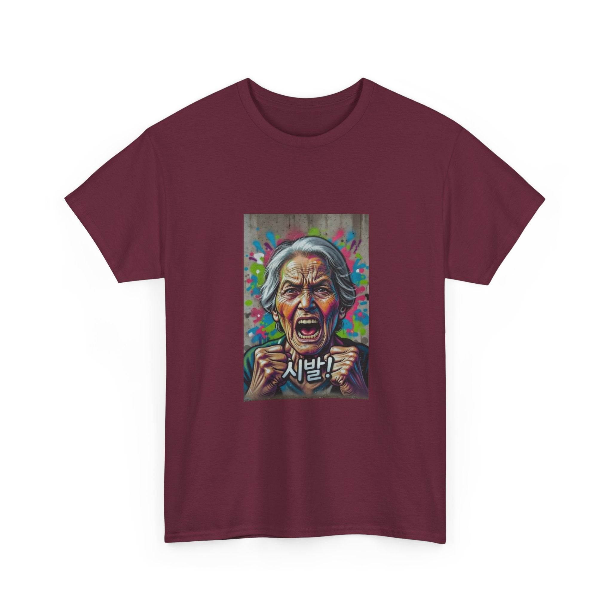 Korean Grandma Swearing T-Shirt | Angry Elder Portrait, Bold Street Art