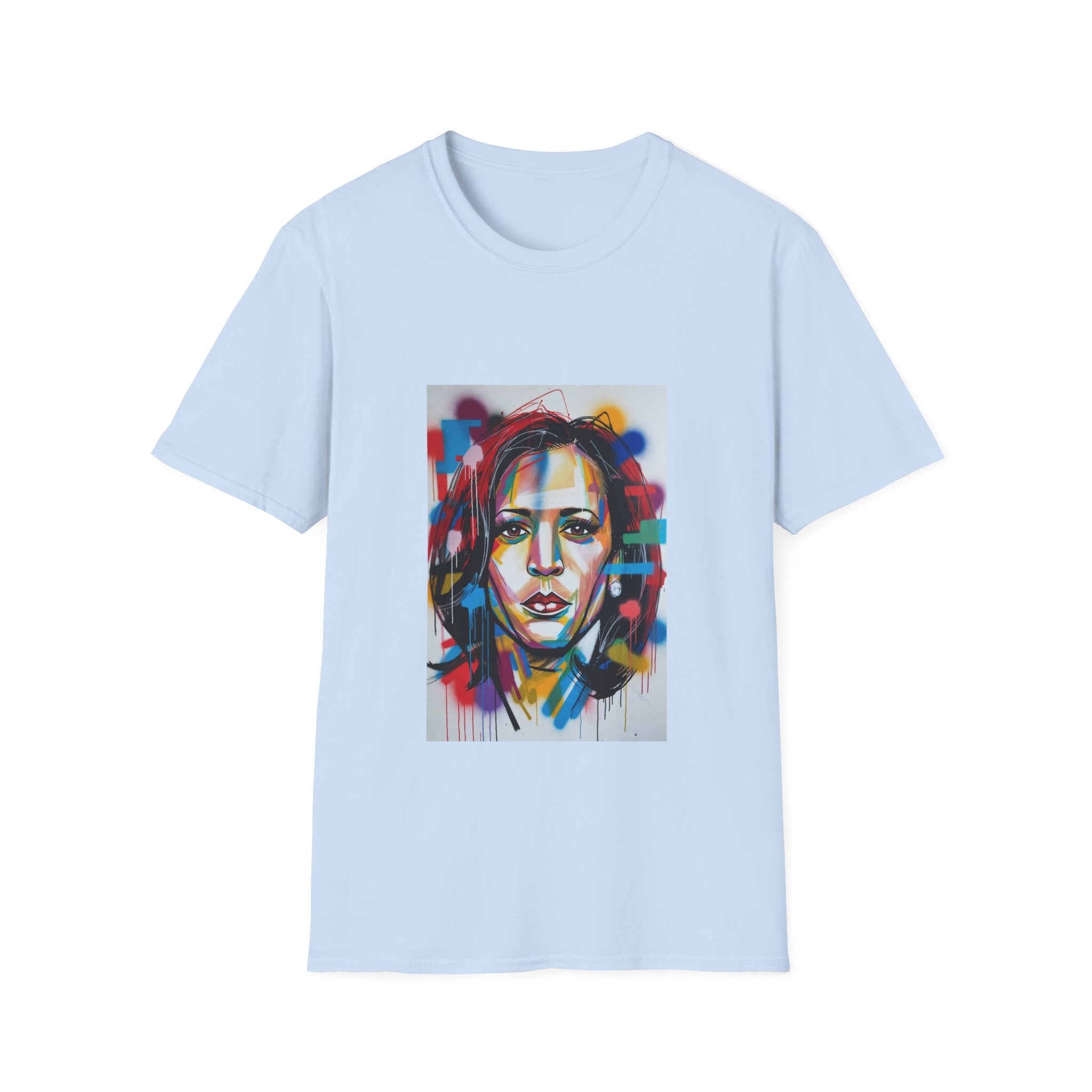 Abstract Artsy Kamala Portrait T-Shirt — Colorful Spray Paint Face Art Tee