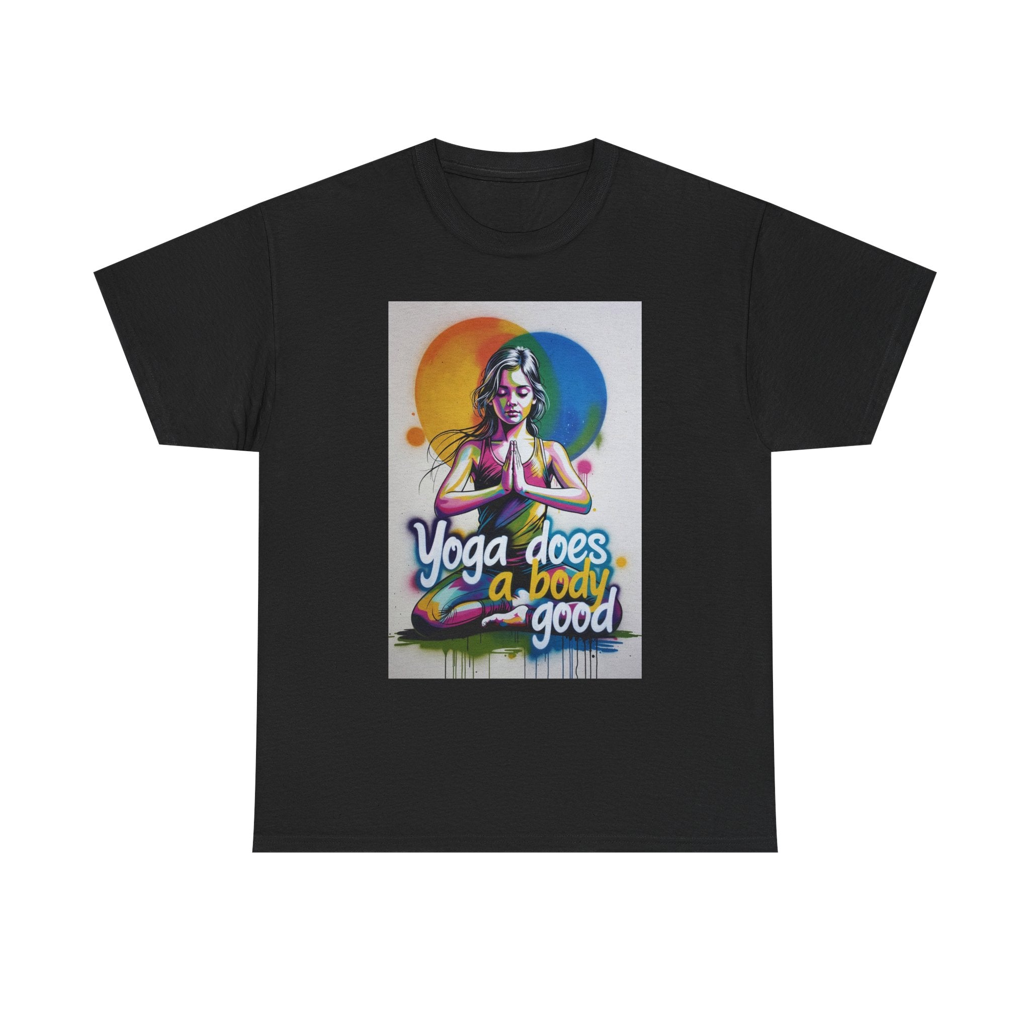 Yoga Does a Body Good T-Shirt | Meditating Woman Rainbow Sun Graphic