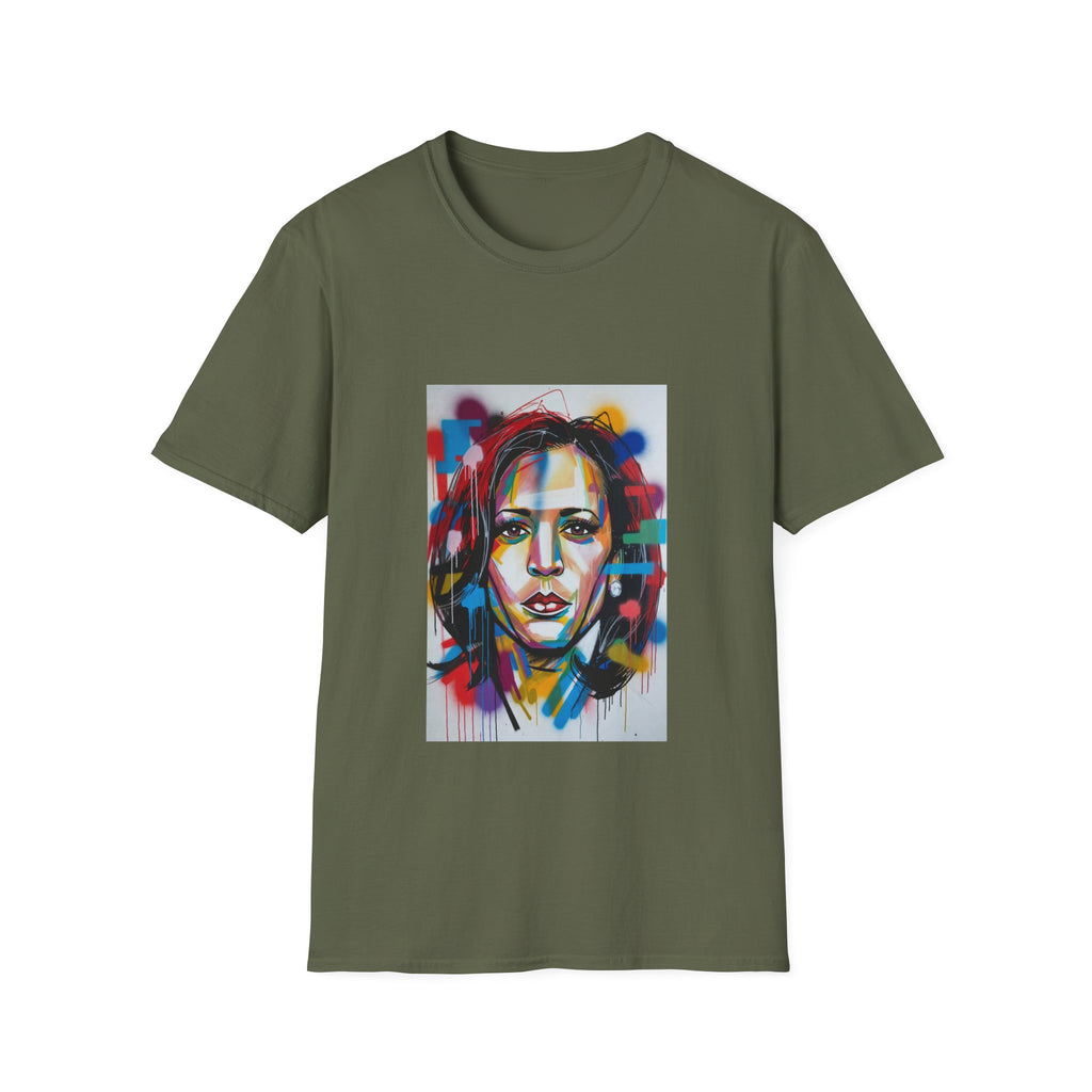 Abstract Artsy Kamala Portrait T-Shirt — Colorful Spray Paint Face Art Tee