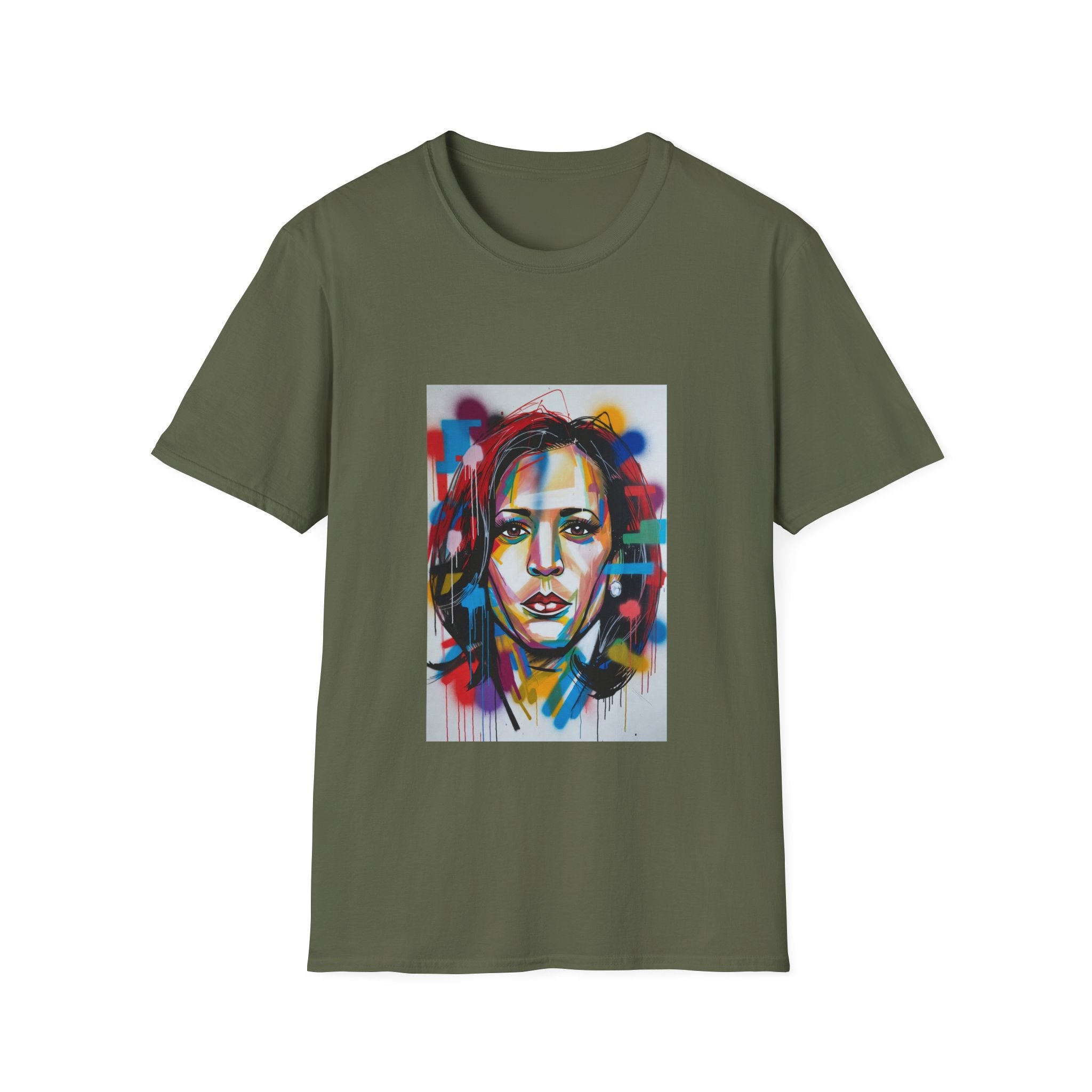 Abstract Artsy Kamala Portrait T-Shirt — Colorful Spray Paint Face Art Tee