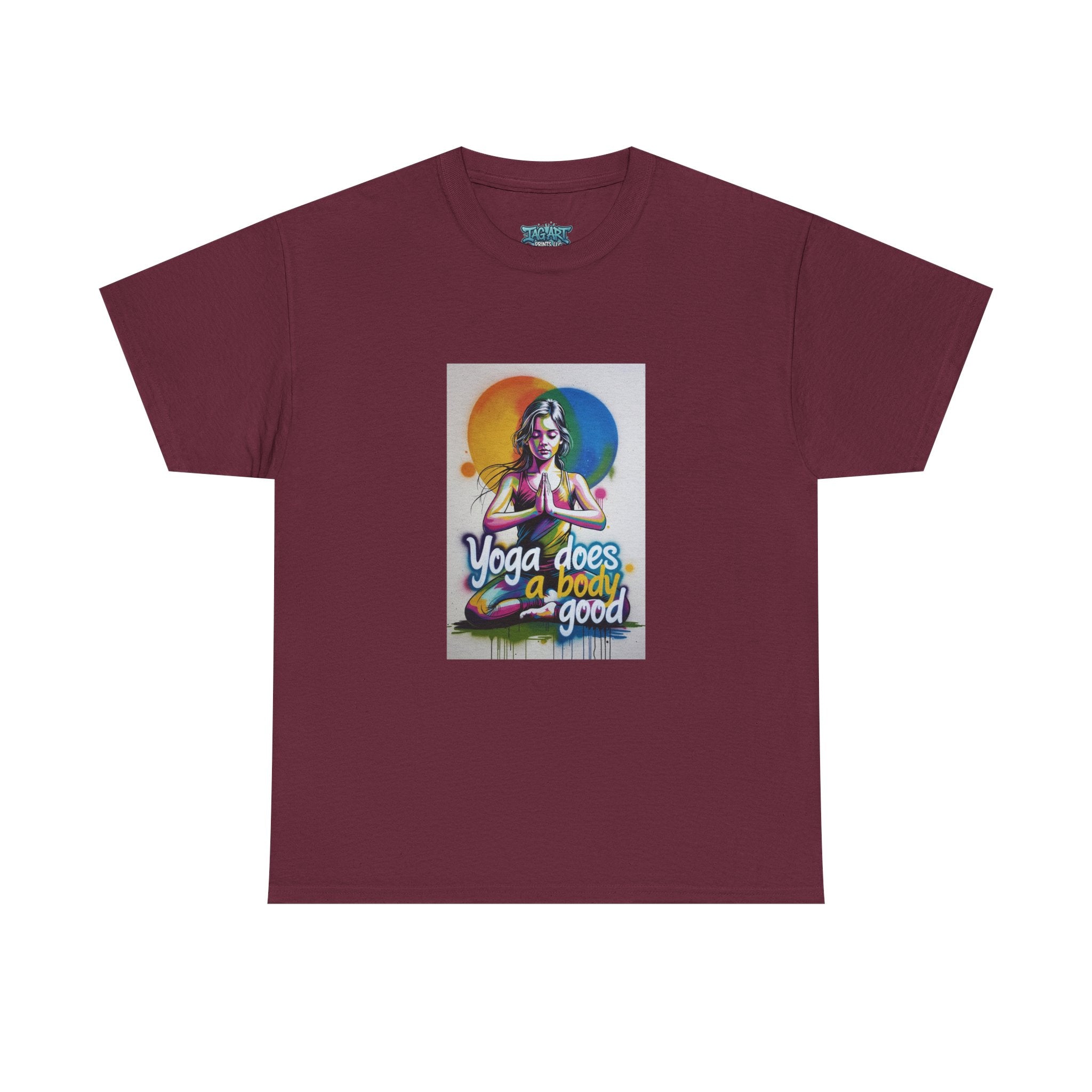 Yoga Does a Body Good T-Shirt | Meditating Woman Rainbow Sun Graphic