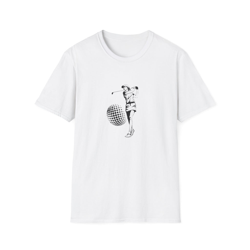 Golf Swing Graphic T‑Shirt — Retro Golfer with Patterned Ball