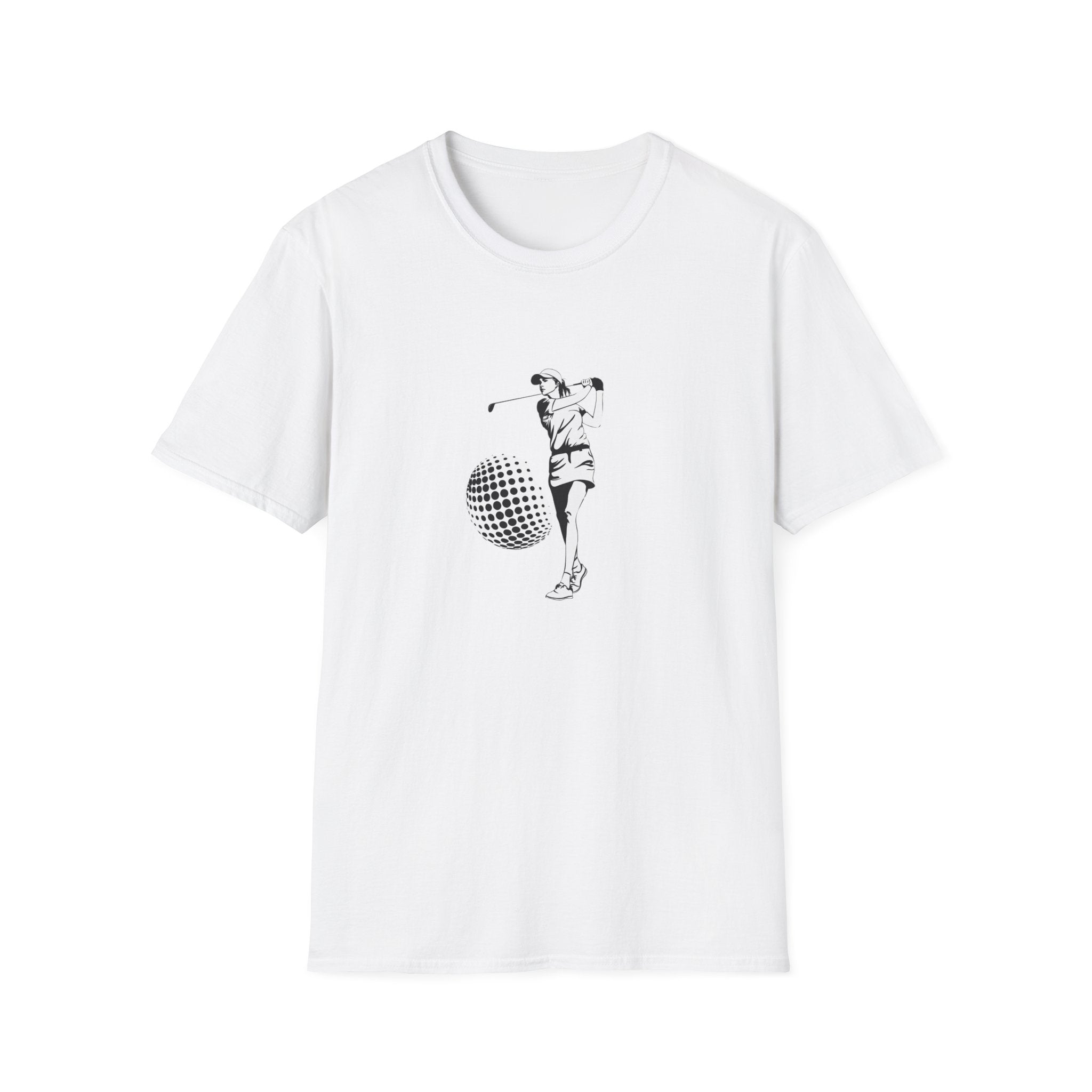 Golf Swing Graphic T‑Shirt — Retro Golfer with Patterned Ball