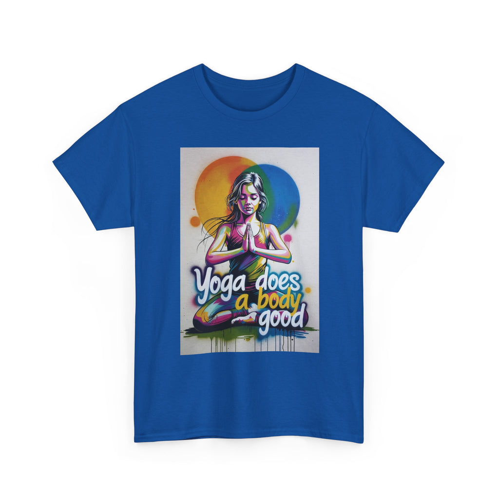 Yoga Does a Body Good T-Shirt | Meditating Woman Rainbow Sun Graphic