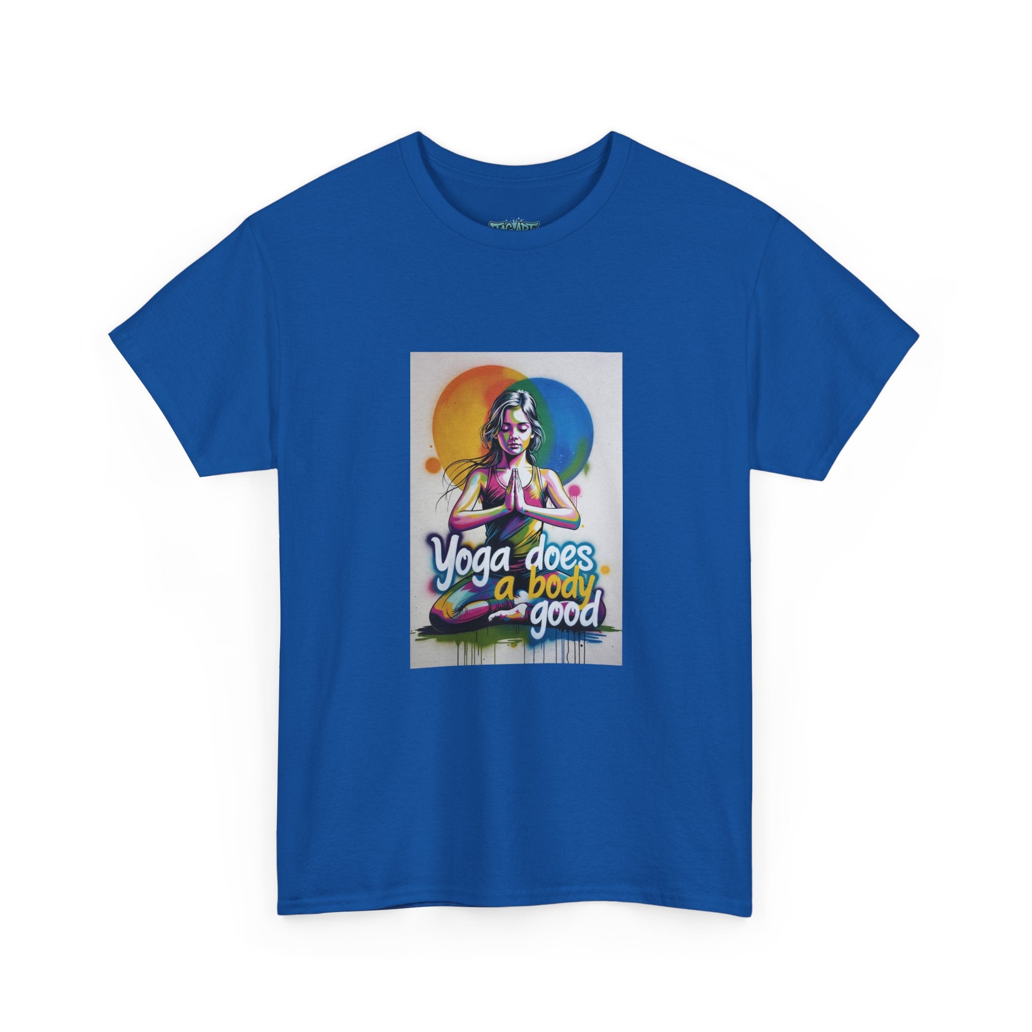 Yoga Does a Body Good T-Shirt | Meditating Woman Rainbow Sun Graphic