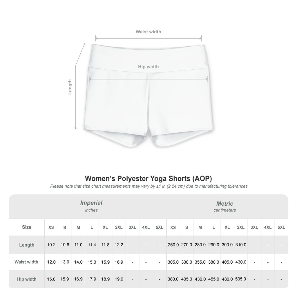 Women's Yoga Shorts — White All-Over-Print with Heart & Sun Logo