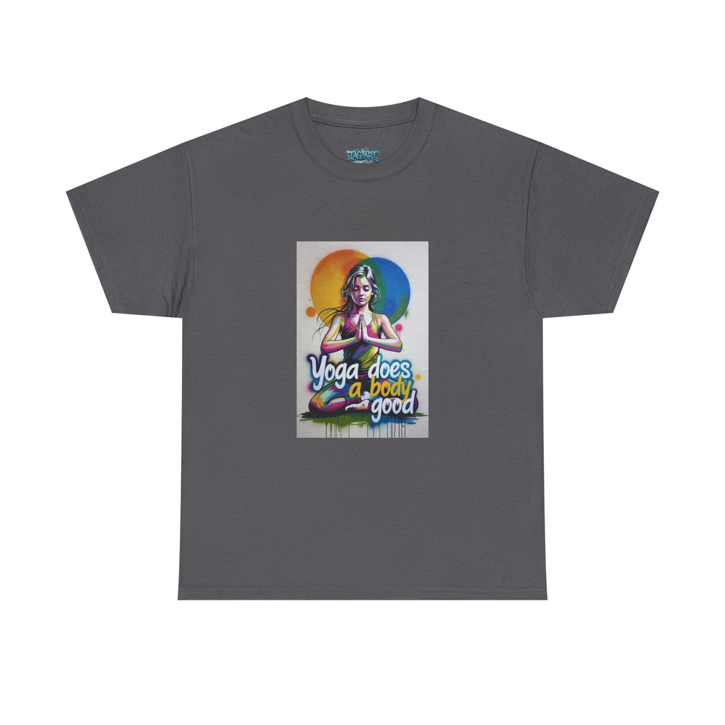 Yoga Does a Body Good T-Shirt | Meditating Woman Rainbow Sun Graphic