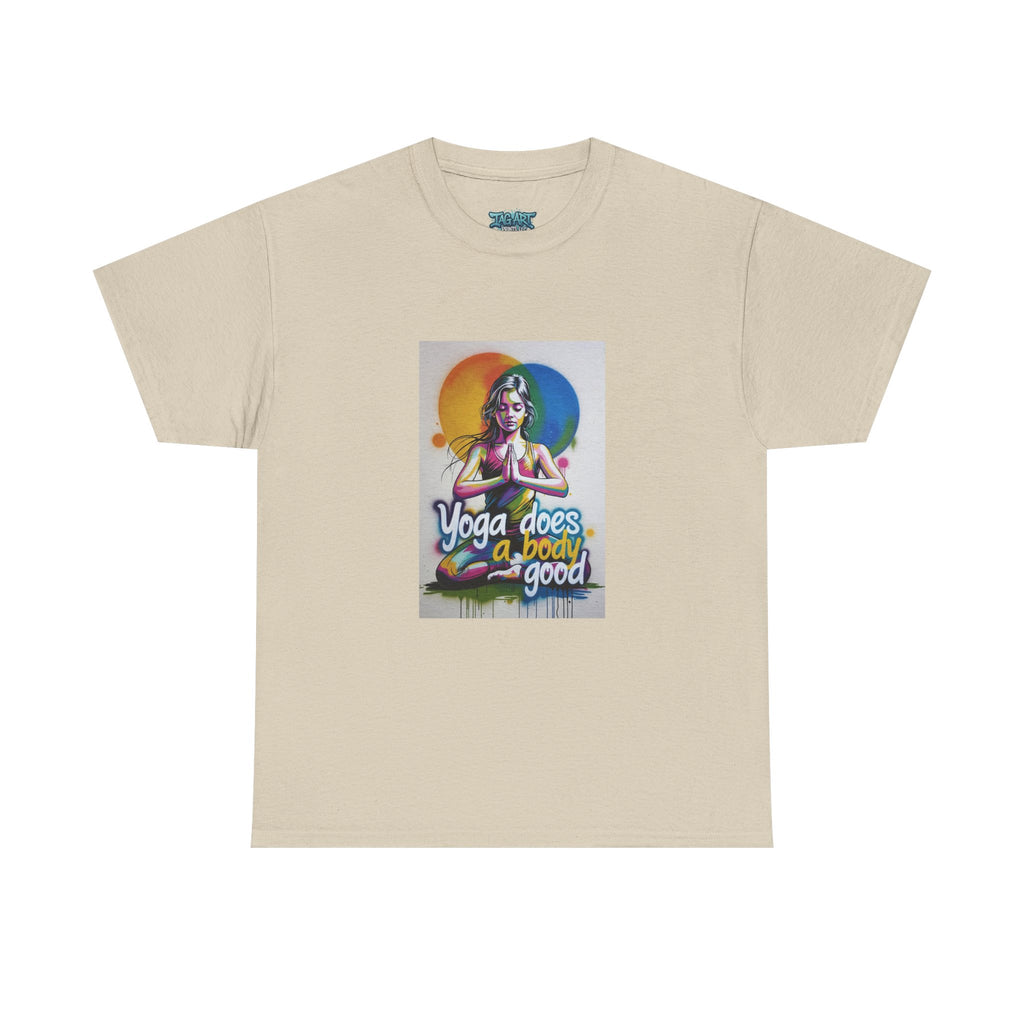 Yoga Does a Body Good T-Shirt | Meditating Woman Rainbow Sun Graphic