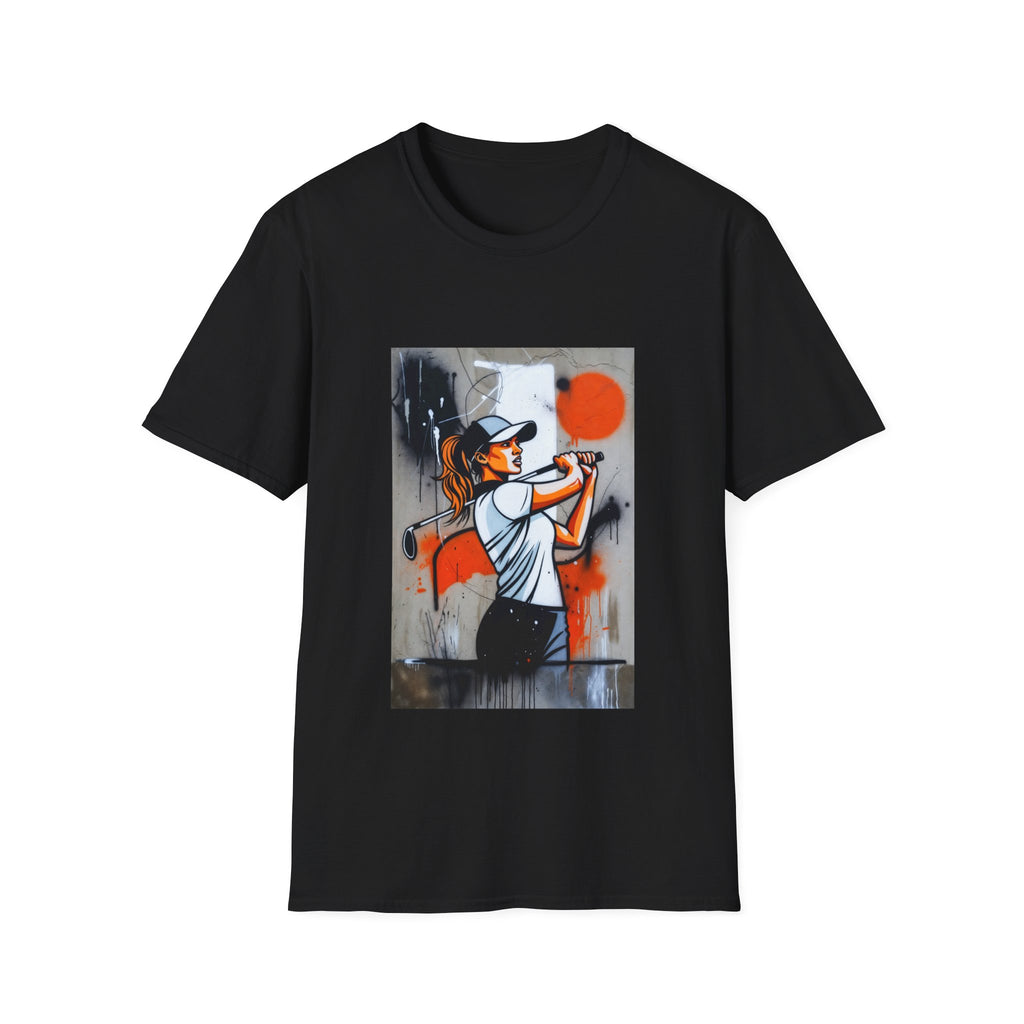 Female Golfer Swing Illustration T-Shirt | Sports Art, Retro Orange Accent