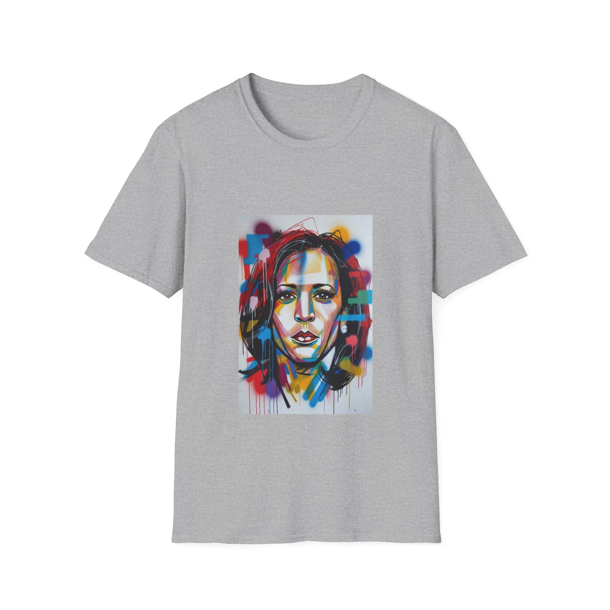 Abstract Artsy Kamala Portrait T-Shirt — Colorful Spray Paint Face Art Tee