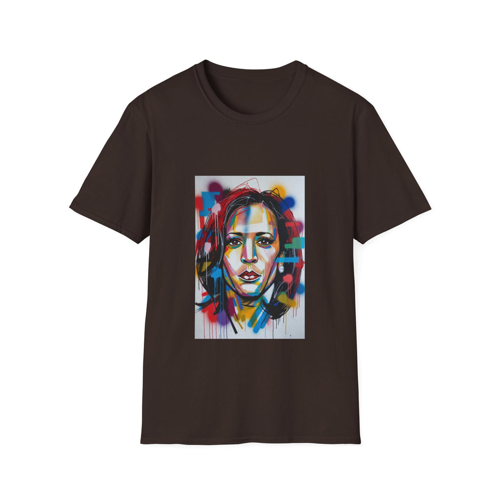 Abstract Artsy Kamala Portrait T-Shirt — Colorful Spray Paint Face Art Tee