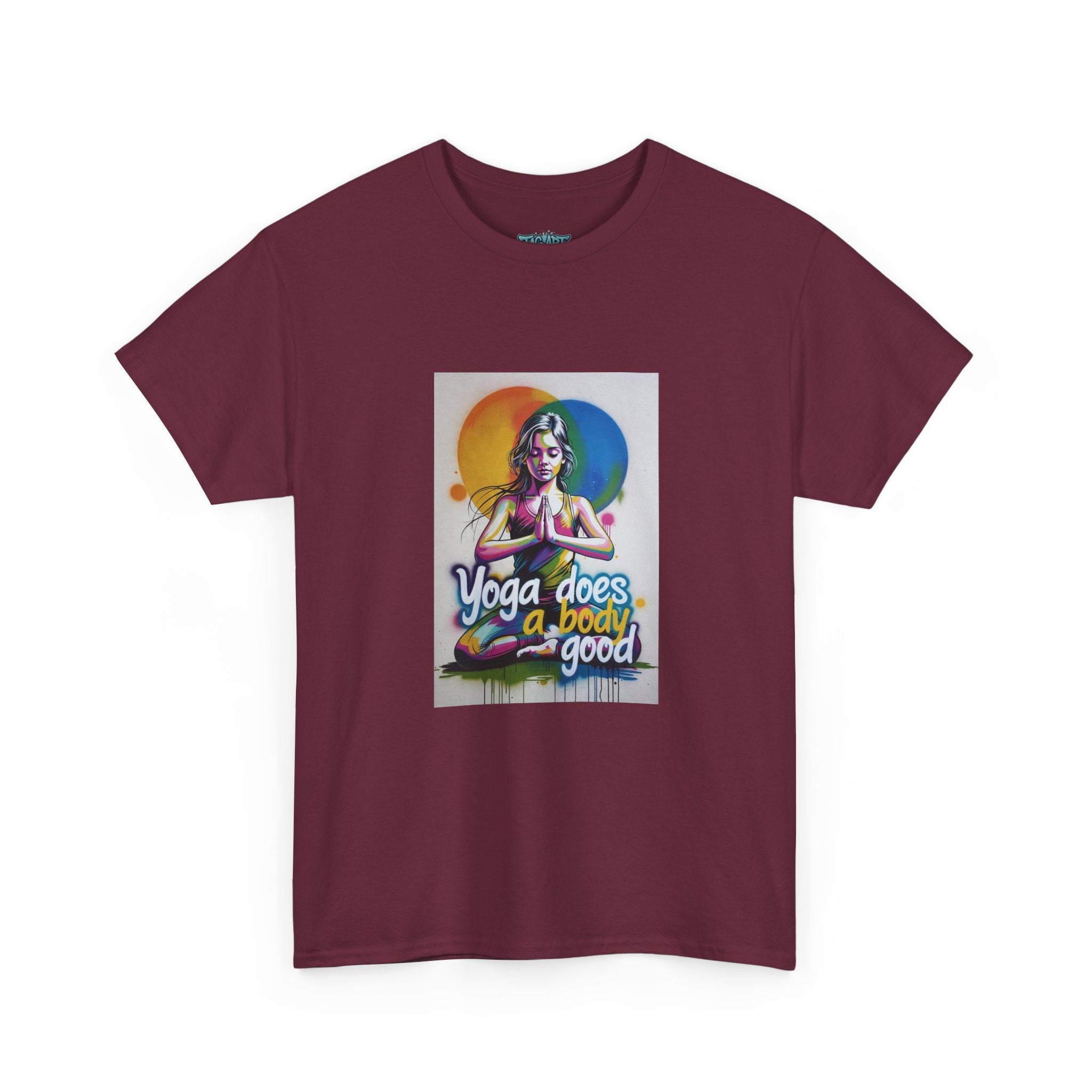Yoga Does a Body Good T-Shirt | Meditating Woman Rainbow Sun Graphic