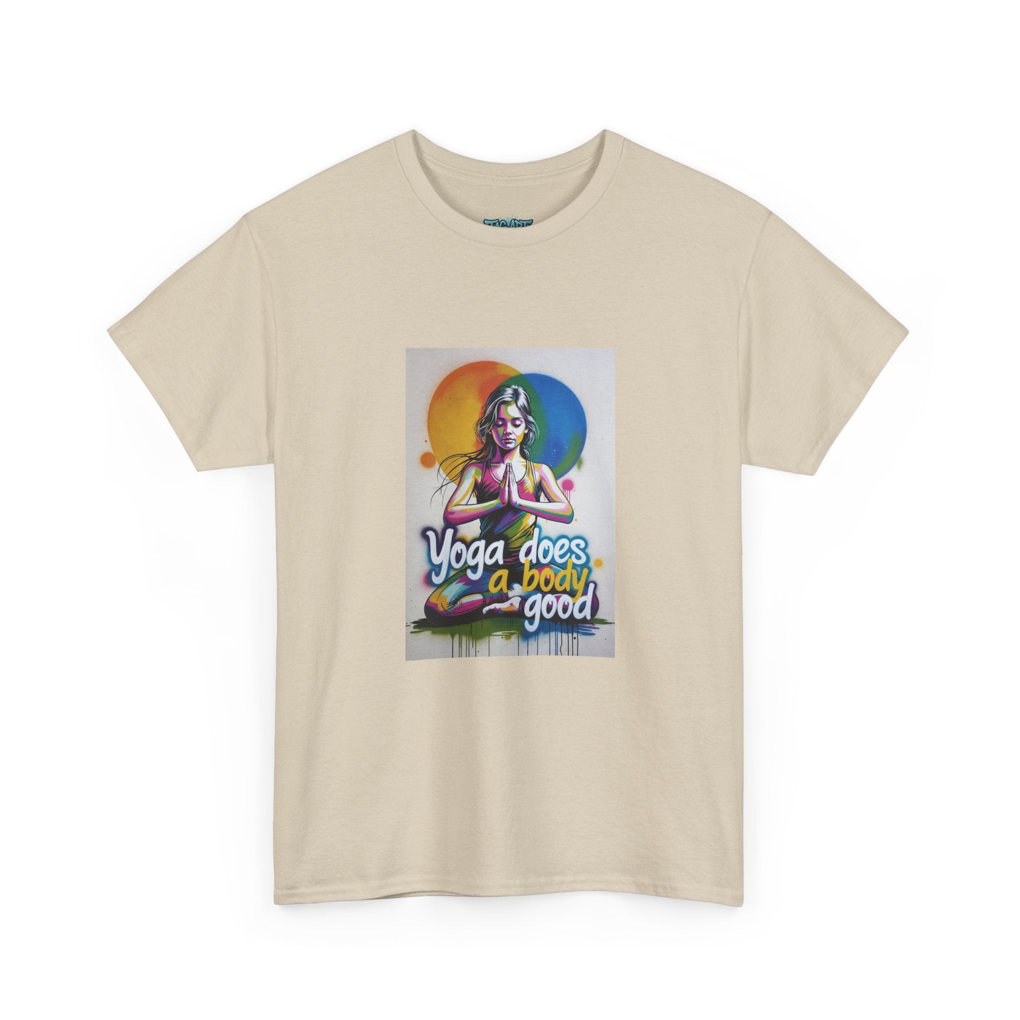 Yoga Does a Body Good T-Shirt | Meditating Woman Rainbow Sun Graphic