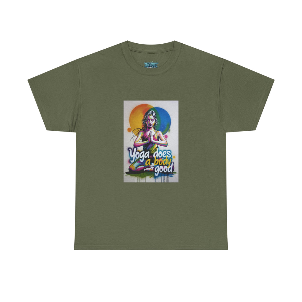 Yoga Does a Body Good T-Shirt | Meditating Woman Rainbow Sun Graphic