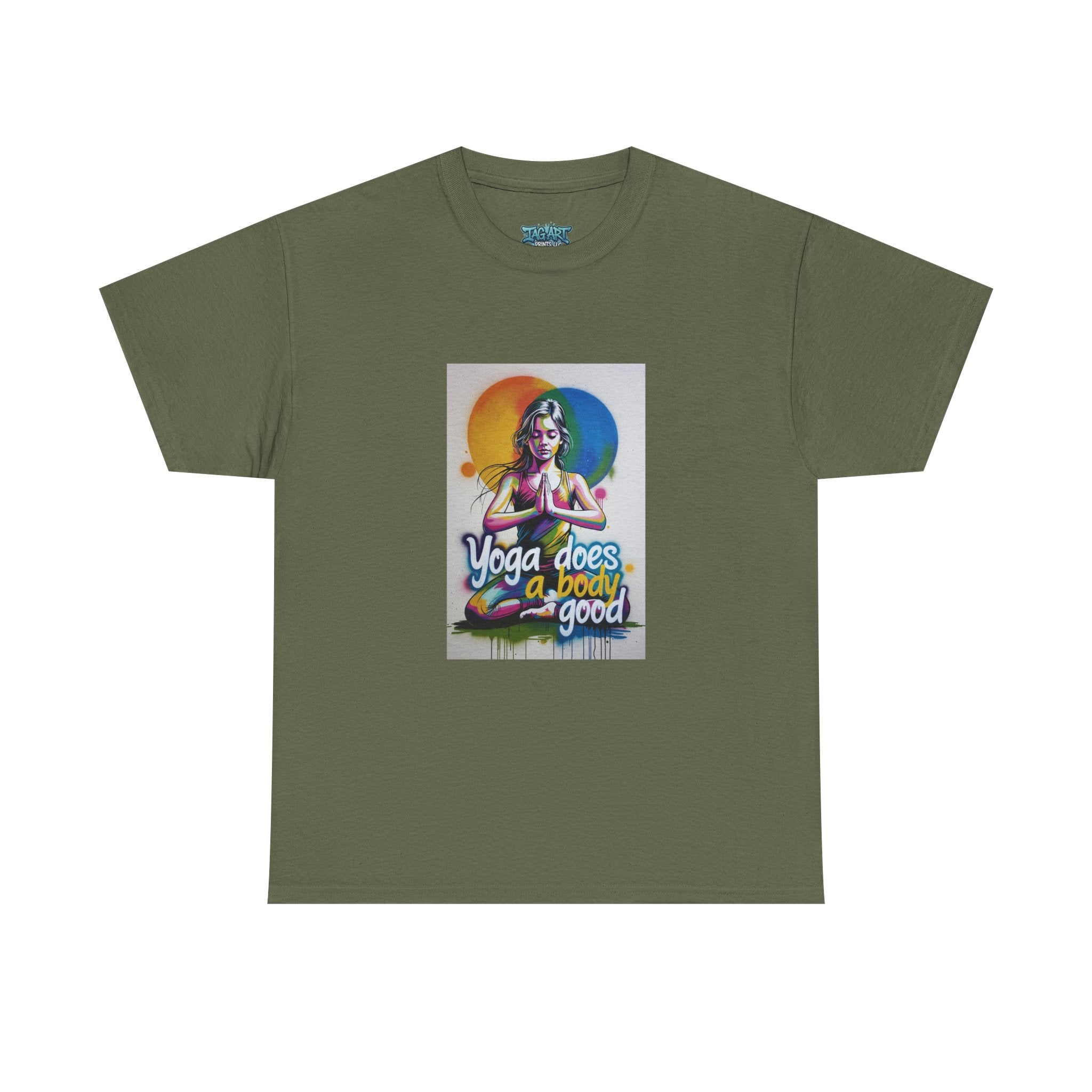 Yoga Does a Body Good T-Shirt | Meditating Woman Rainbow Sun Graphic