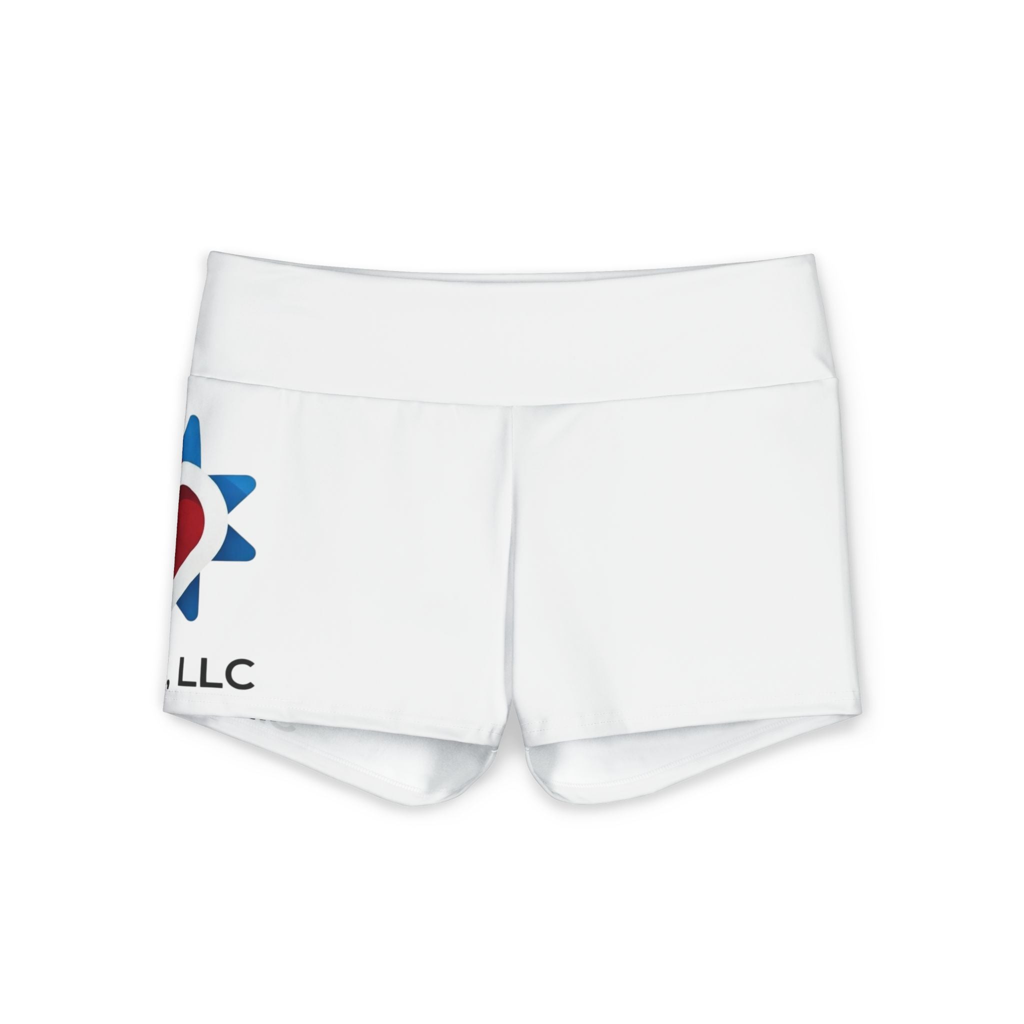 Women's Yoga Shorts — White All-Over-Print with Heart & Sun Logo