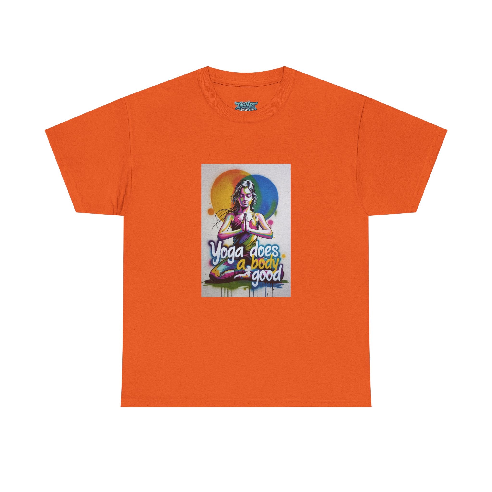 Yoga Does a Body Good T-Shirt | Meditating Woman Rainbow Sun Graphic