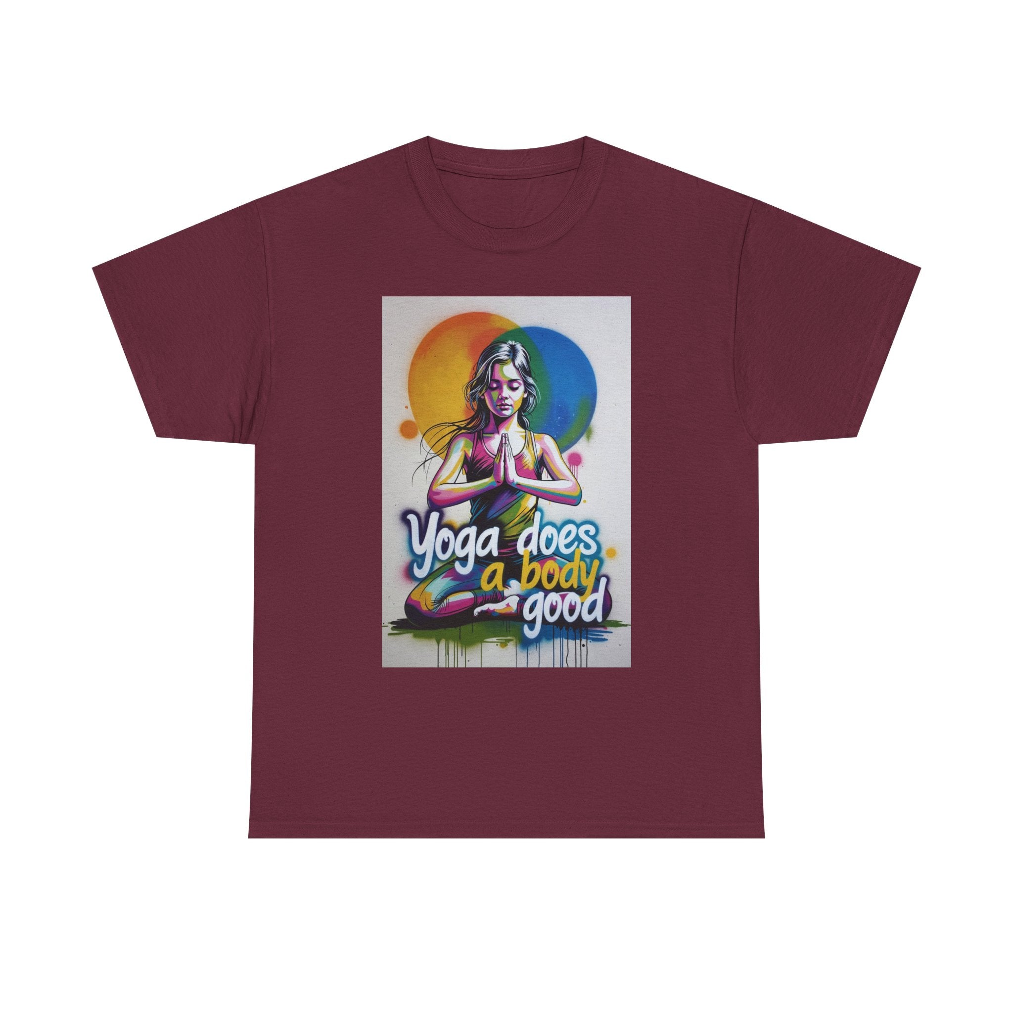 Yoga Does a Body Good T-Shirt | Meditating Woman Rainbow Sun Graphic