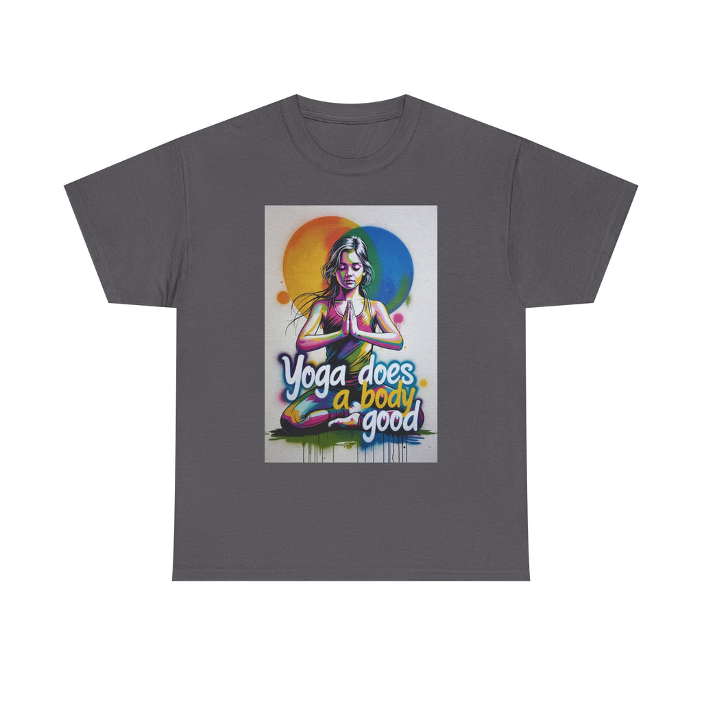 Yoga Does a Body Good T-Shirt | Meditating Woman Rainbow Sun Graphic