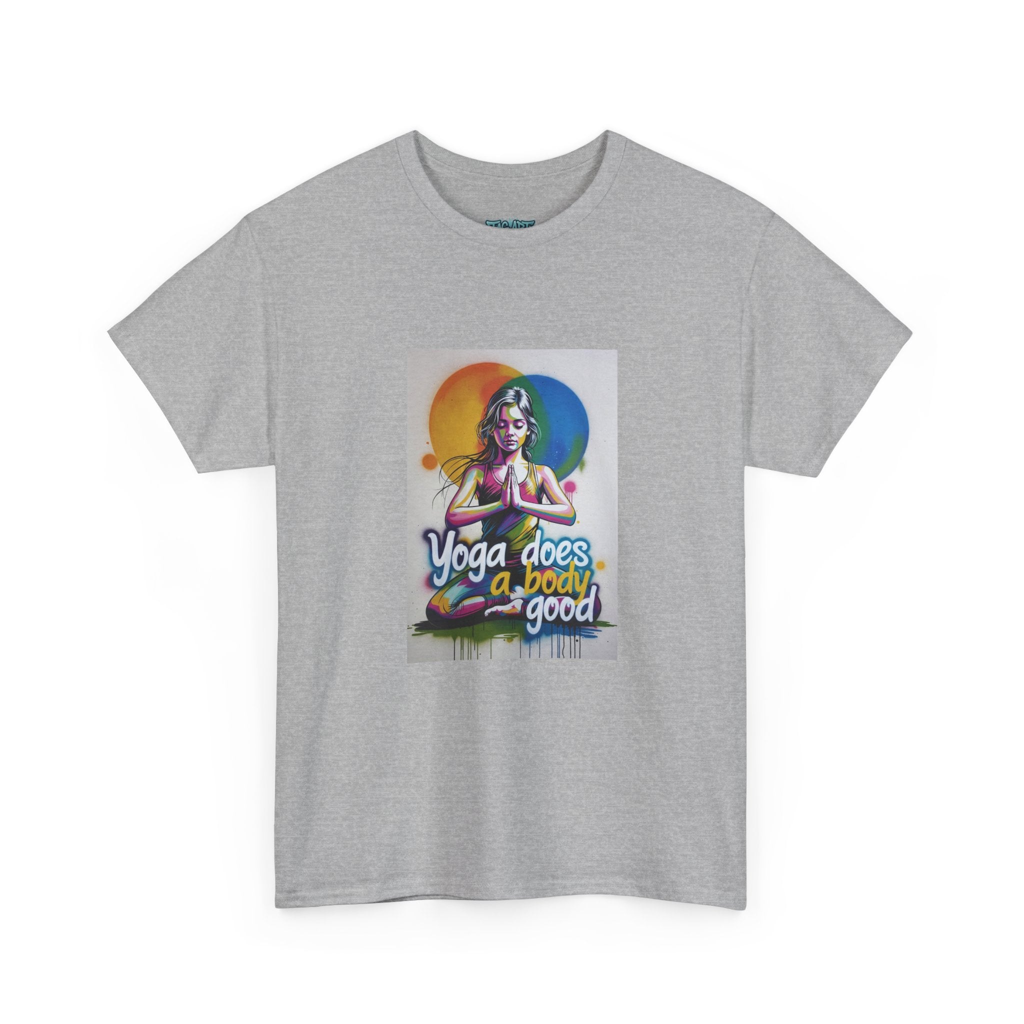 Yoga Does a Body Good T-Shirt | Meditating Woman Rainbow Sun Graphic