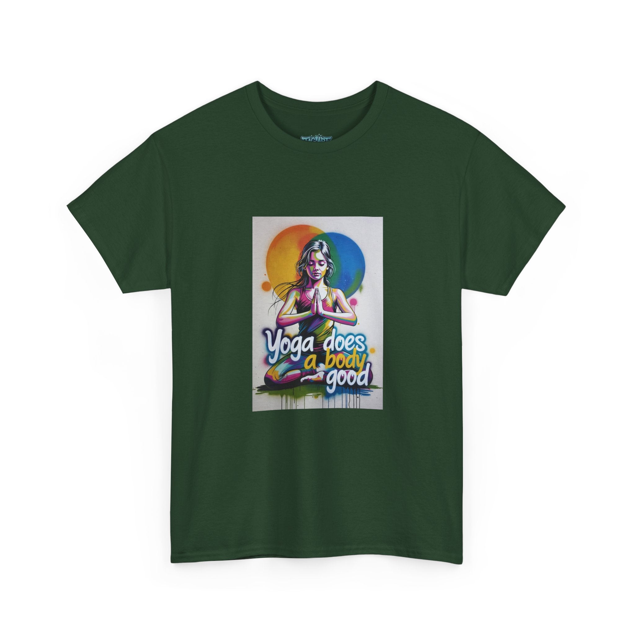 Yoga Does a Body Good T-Shirt | Meditating Woman Rainbow Sun Graphic