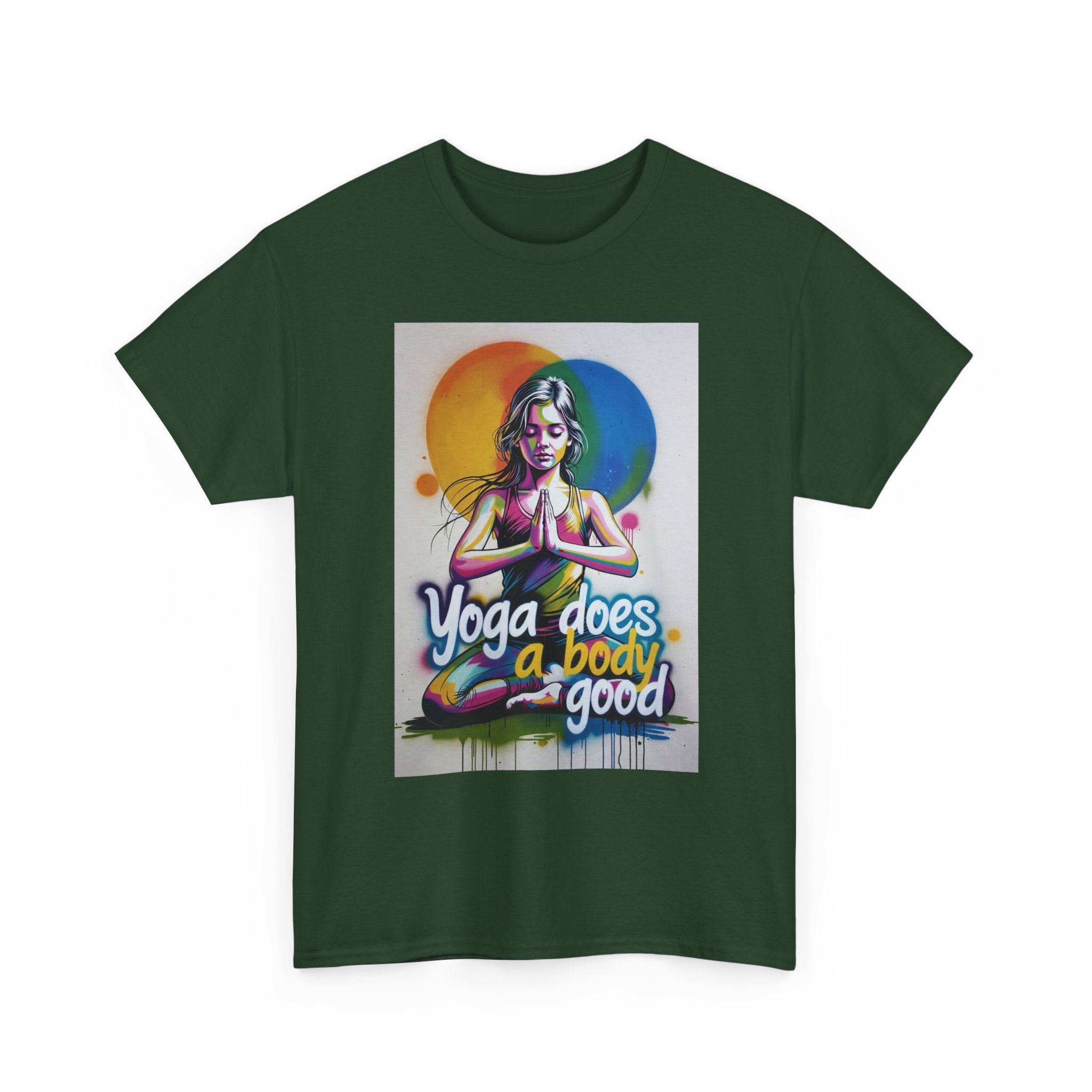 Yoga Does a Body Good T-Shirt | Meditating Woman Rainbow Sun Graphic