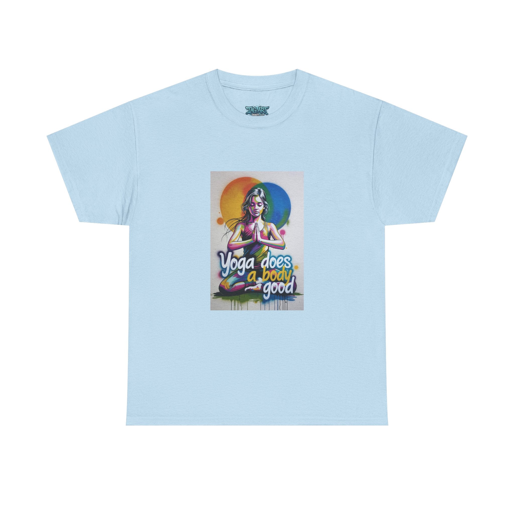 Yoga Does a Body Good T-Shirt | Meditating Woman Rainbow Sun Graphic