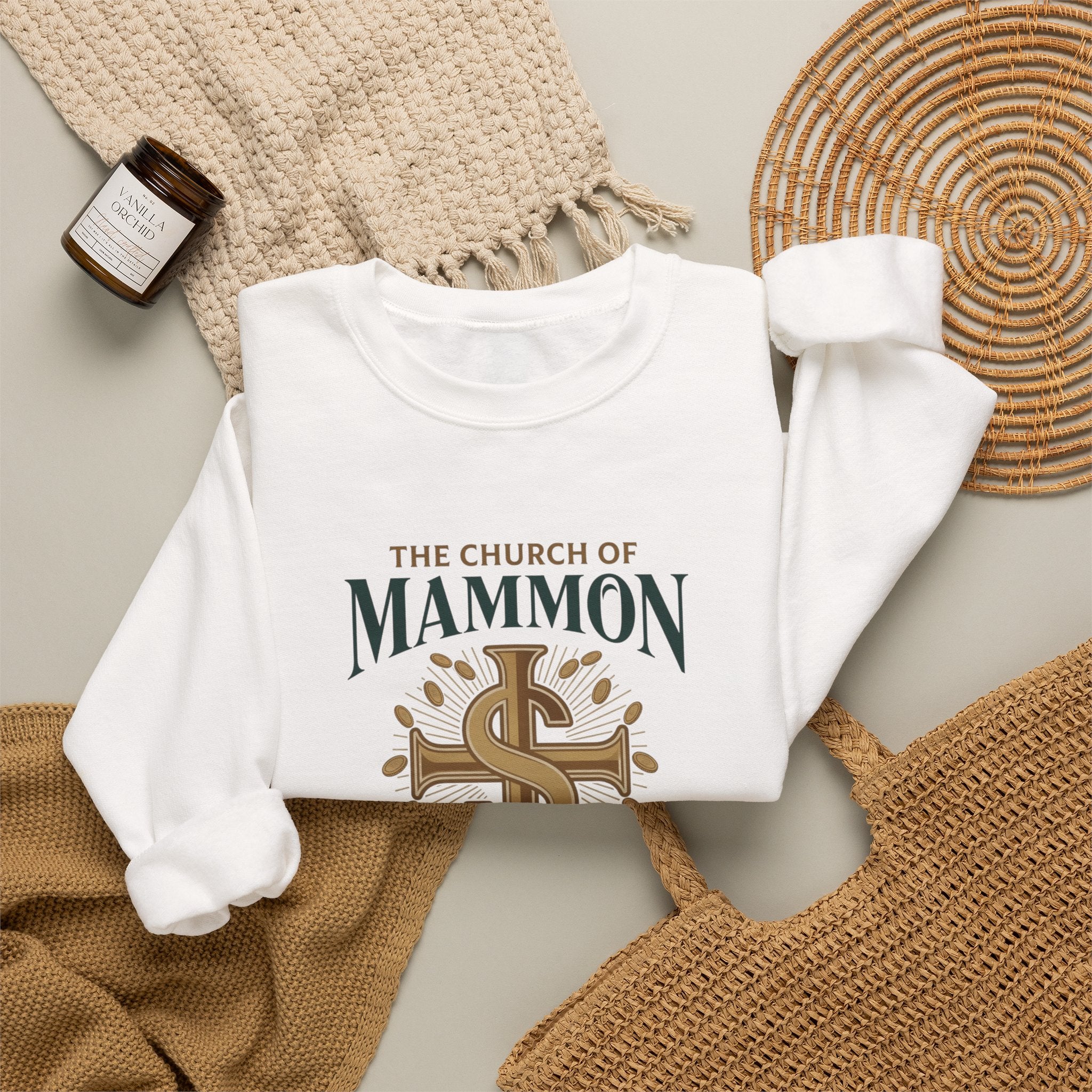 Crewneck Sweatshirt – "The Church of Mammon" Graphic Pullover