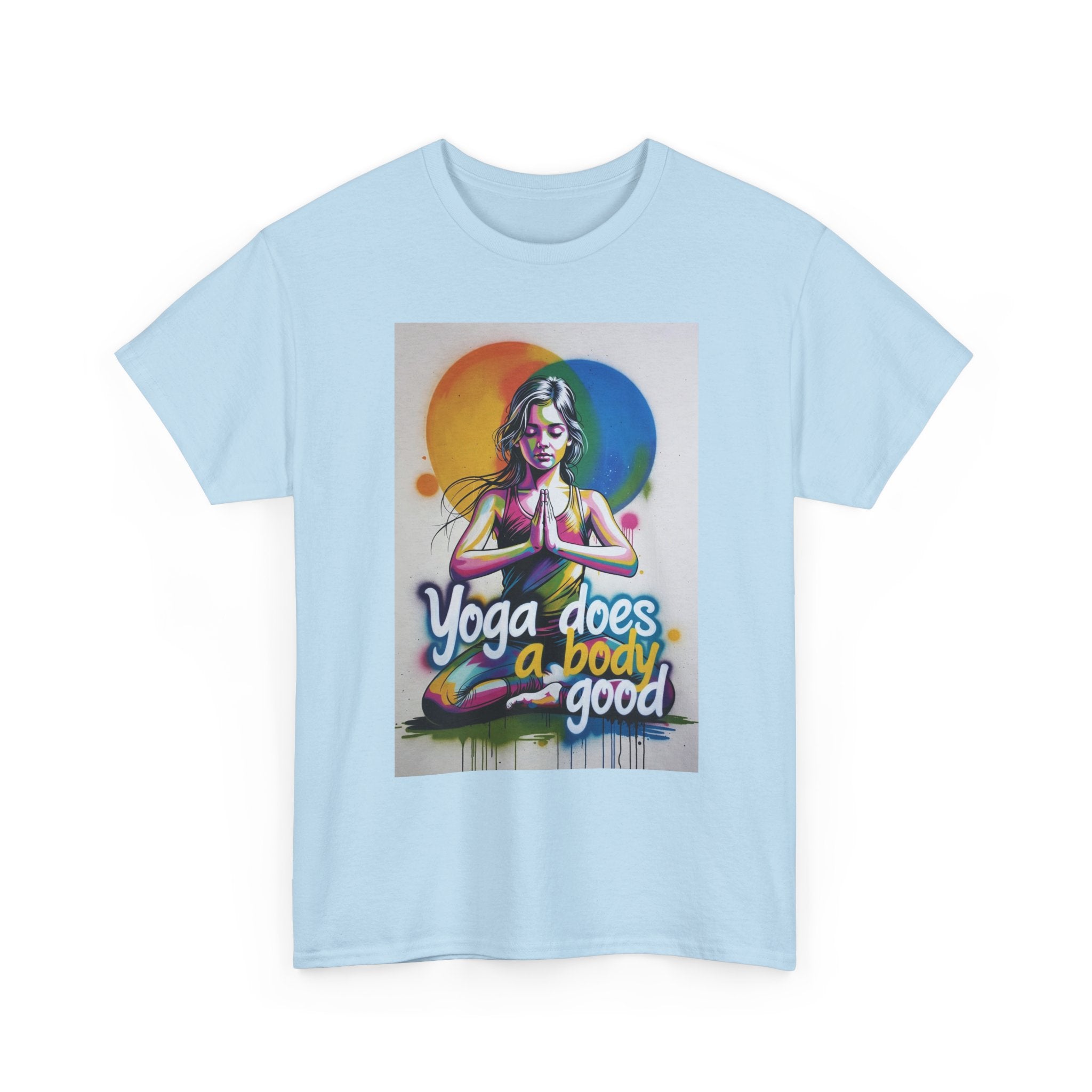 Yoga Does a Body Good T-Shirt | Meditating Woman Rainbow Sun Graphic