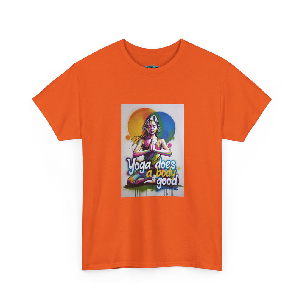 Yoga Does a Body Good T-Shirt | Meditating Woman Rainbow Sun Graphic