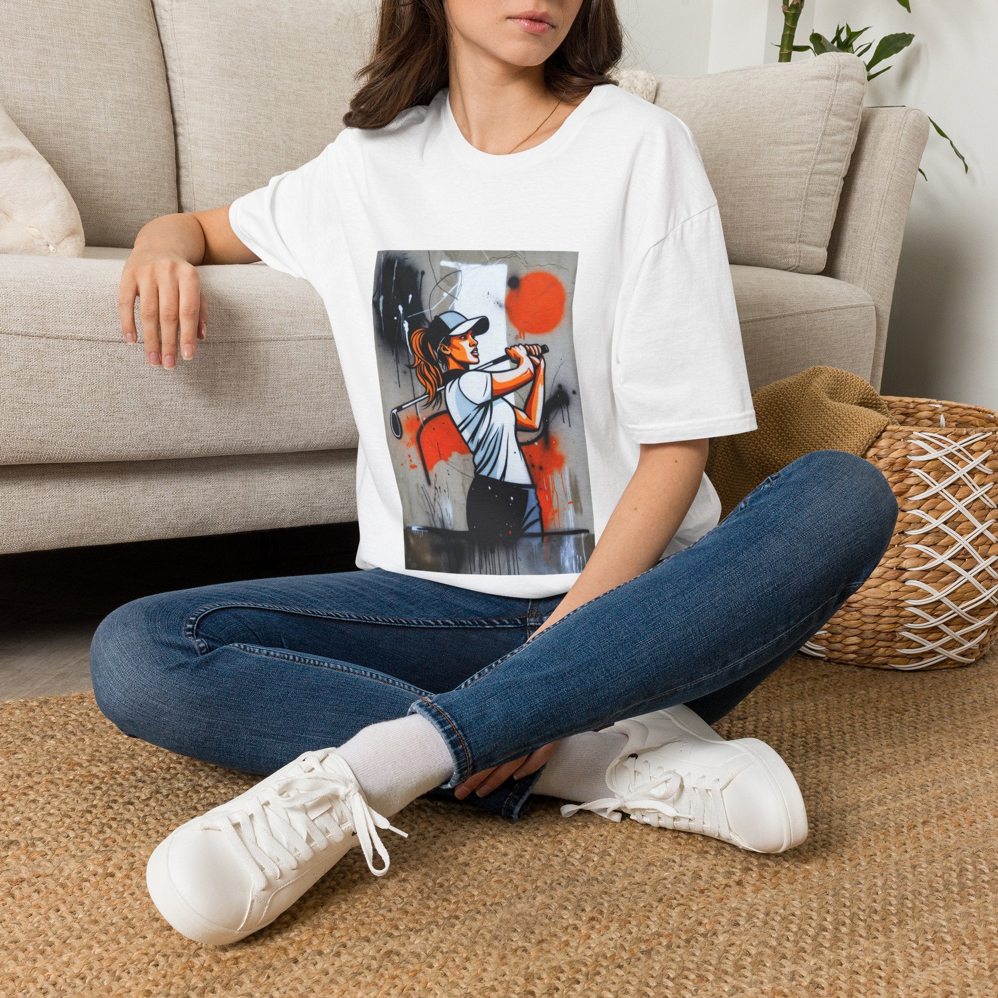 Female Golfer Swing Illustration T-Shirt | Sports Art, Retro Orange Accent