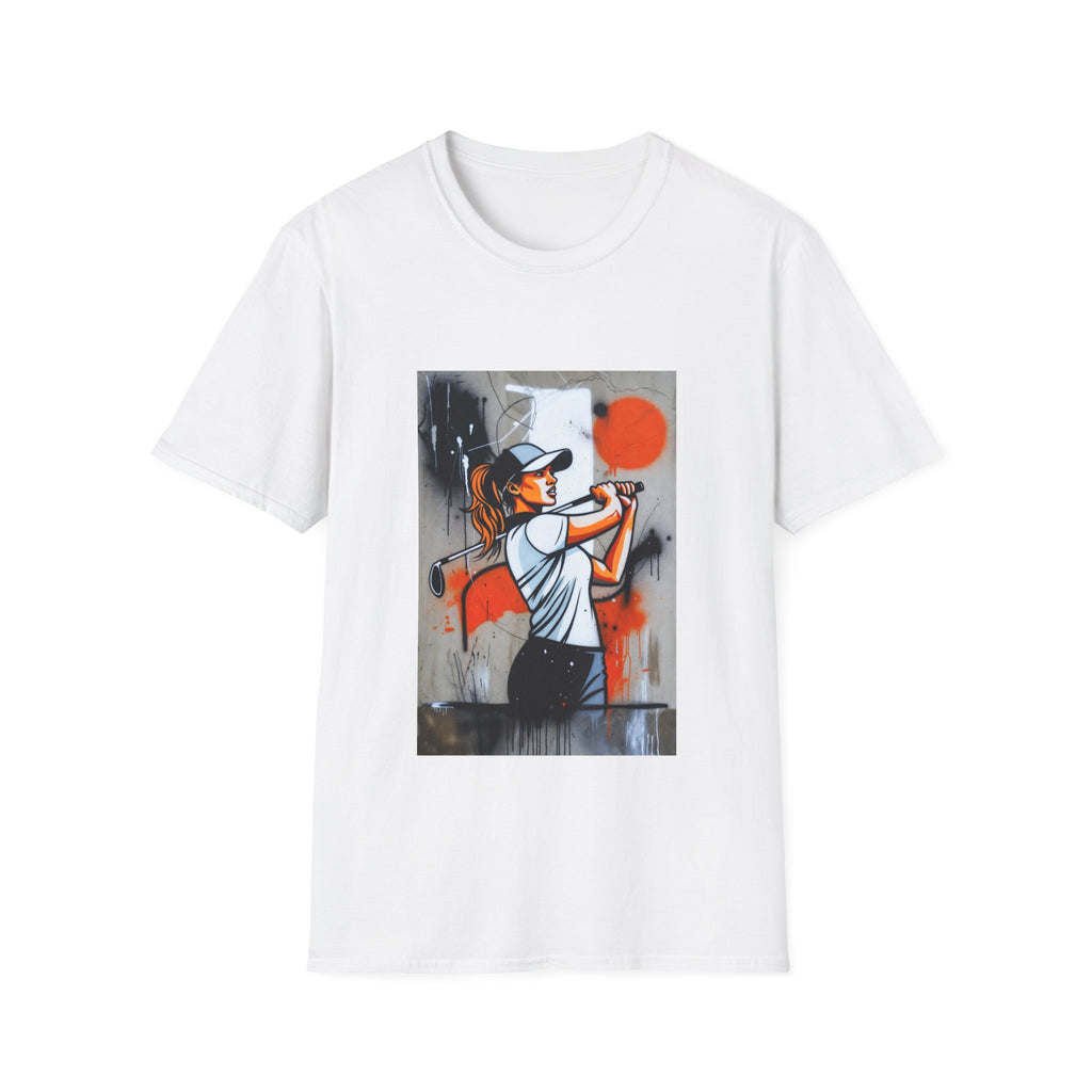 Female Golfer Swing Illustration T-Shirt | Sports Art, Retro Orange Accent